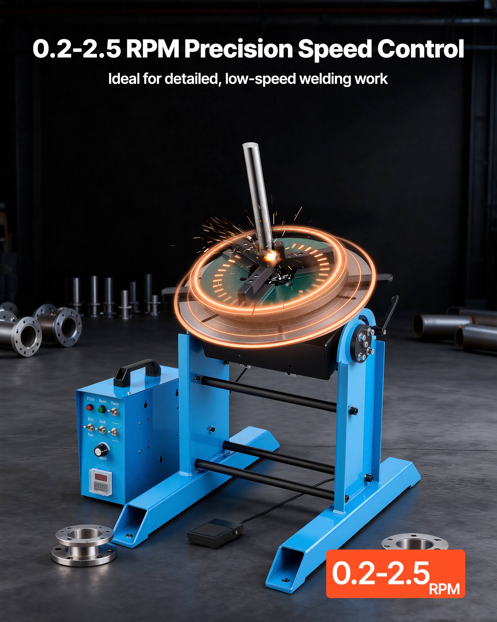 0.2-2.5 RPM Precision Speed Control  
Ideal for detailed, low-speed welding work