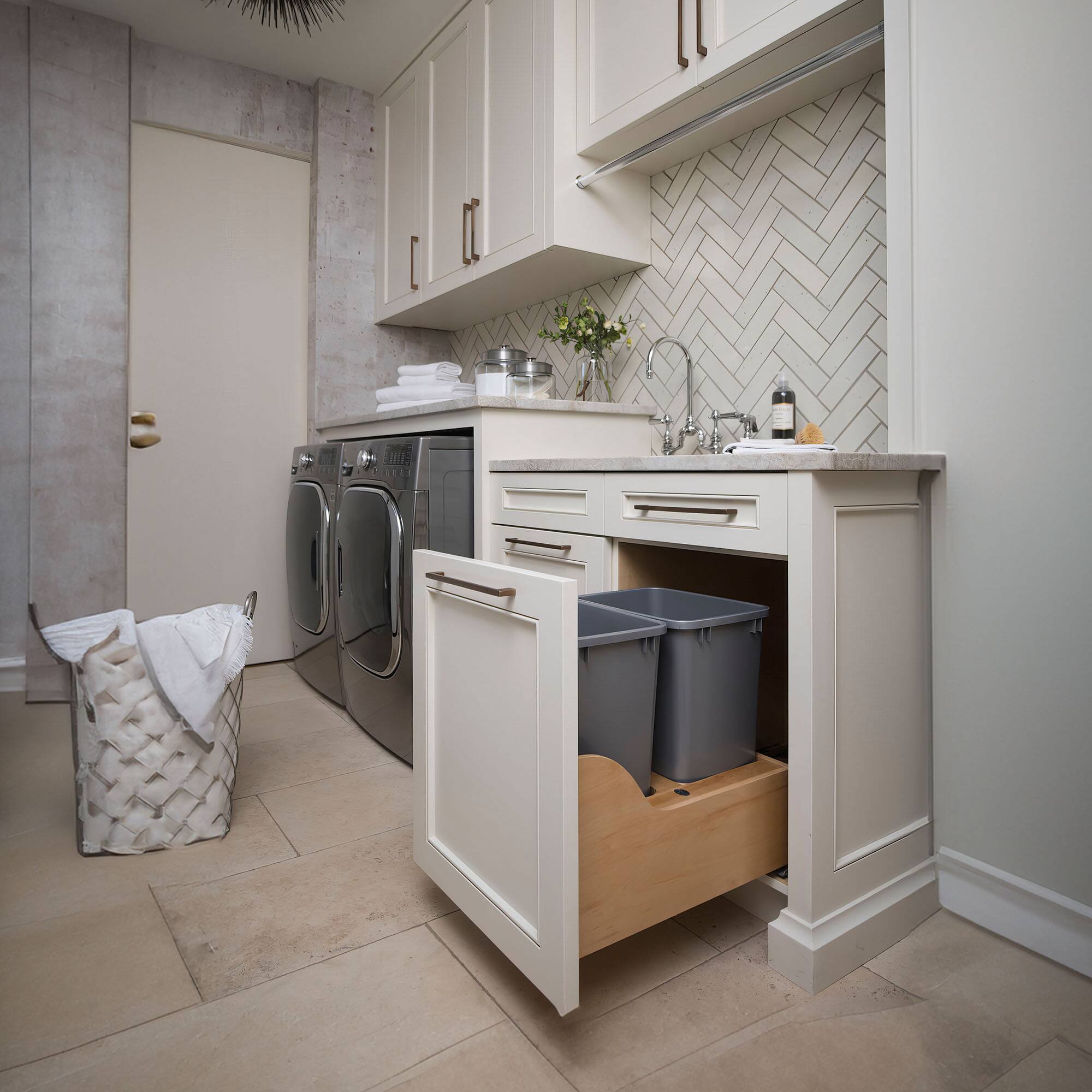 Alt View 1. Rev-A-Shelf - Rev-A-Shelf Double Pullout Trash Can 35 qt. w/ Soft-close, 4WCSC-1835DMND-2 - Metallic Silver.