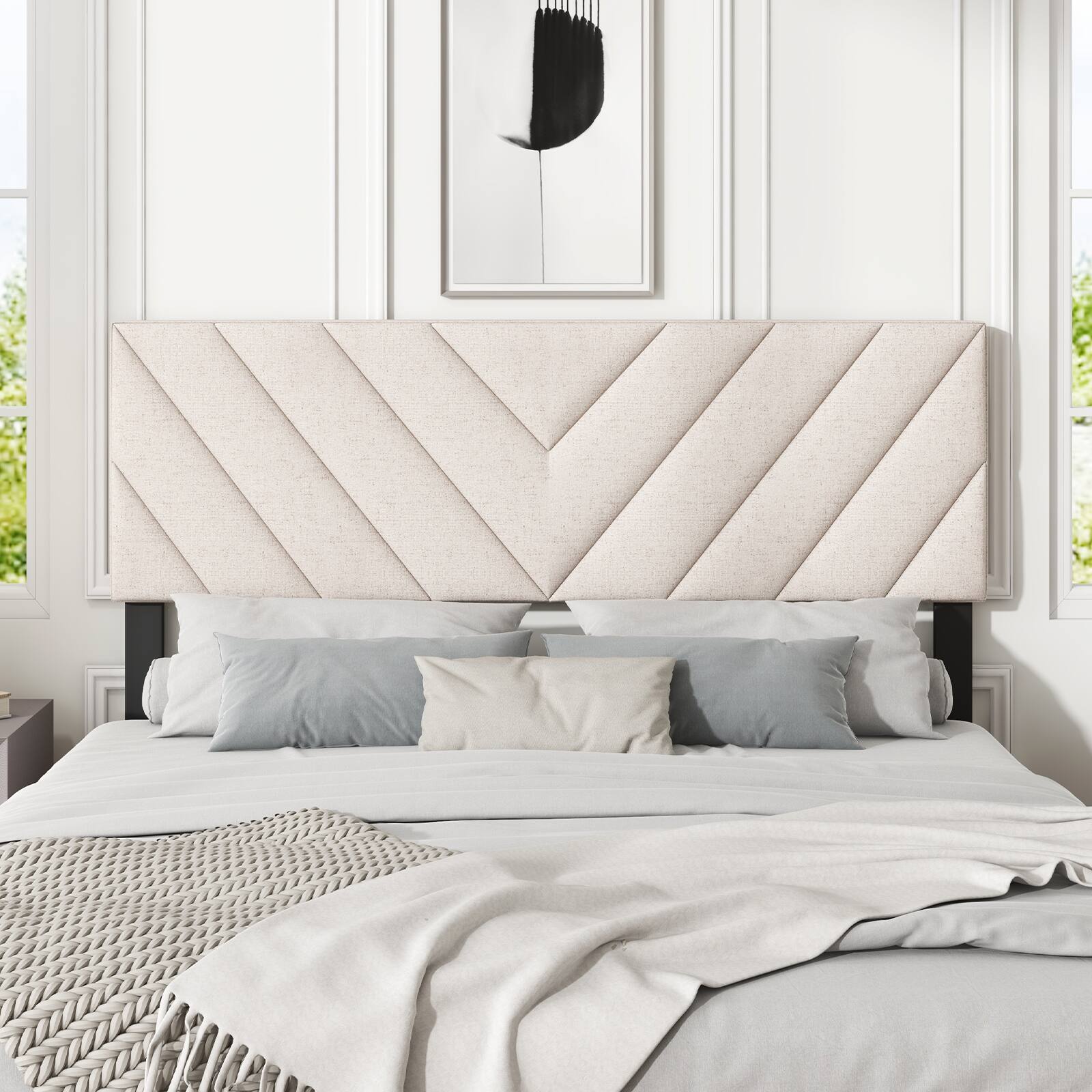 Angle. SlickBlue - Modern Upholstered Headboard in Linen for Full and Queen Frames - Beige.