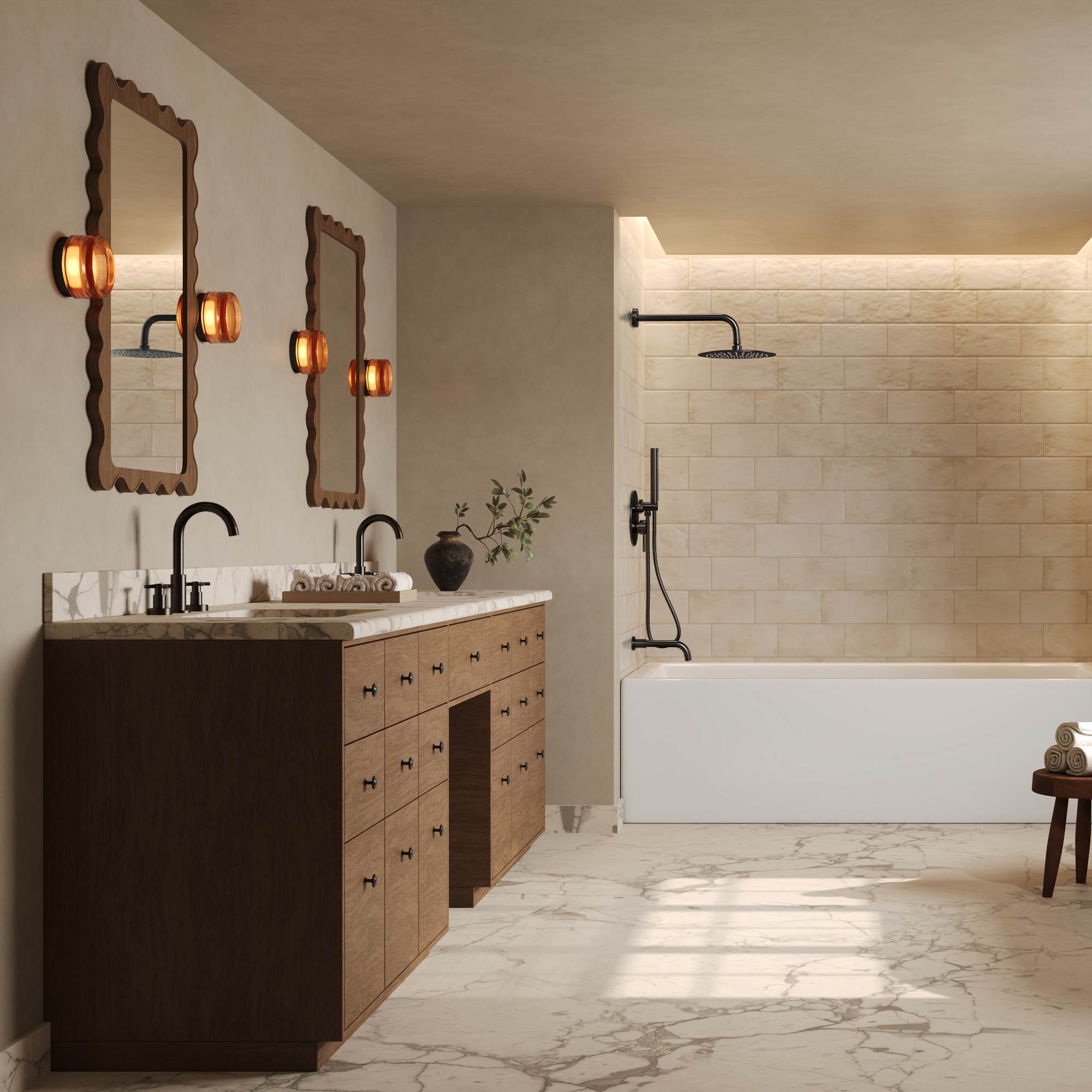 Left. GRANDJOY - 3‑in‑1 Shower Faucet System with 10" Rainfall Shower Head, Handheld Sprayer, and Tub Spout for Modern Bathroom - Matte Black.