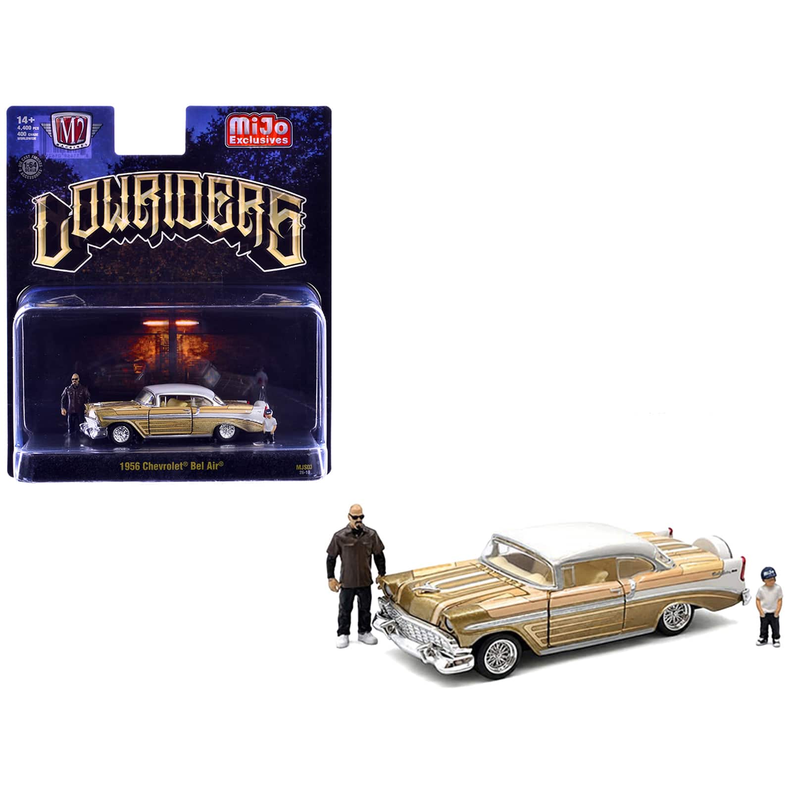 1956 Chevrolet Bel Air Lowrider Gold Metallic with Gold Interior and White Top w/Figures 1/64 Model Car by M2 Machines price history on PriceWatchPro