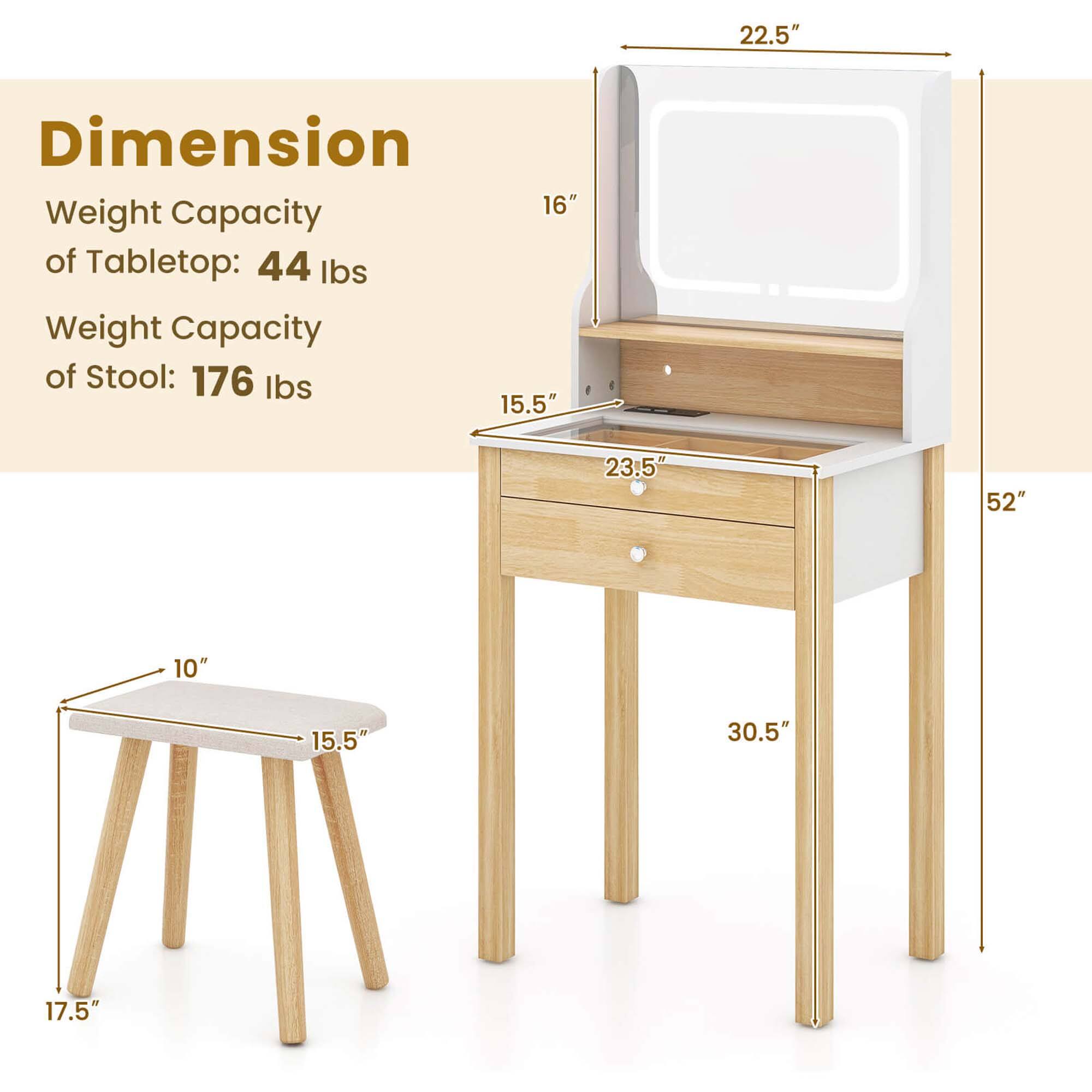 Dimension  
Weight Capacity of Tabletop: 44 lbs  
Weight Capacity of Stool: 176 lbs  

- 22.5"  
- 16"  
- 52"  
- 30.5"  
- 17.5"  
- 15.5"  
- 10"  
- 15.5"  
- 23.5"