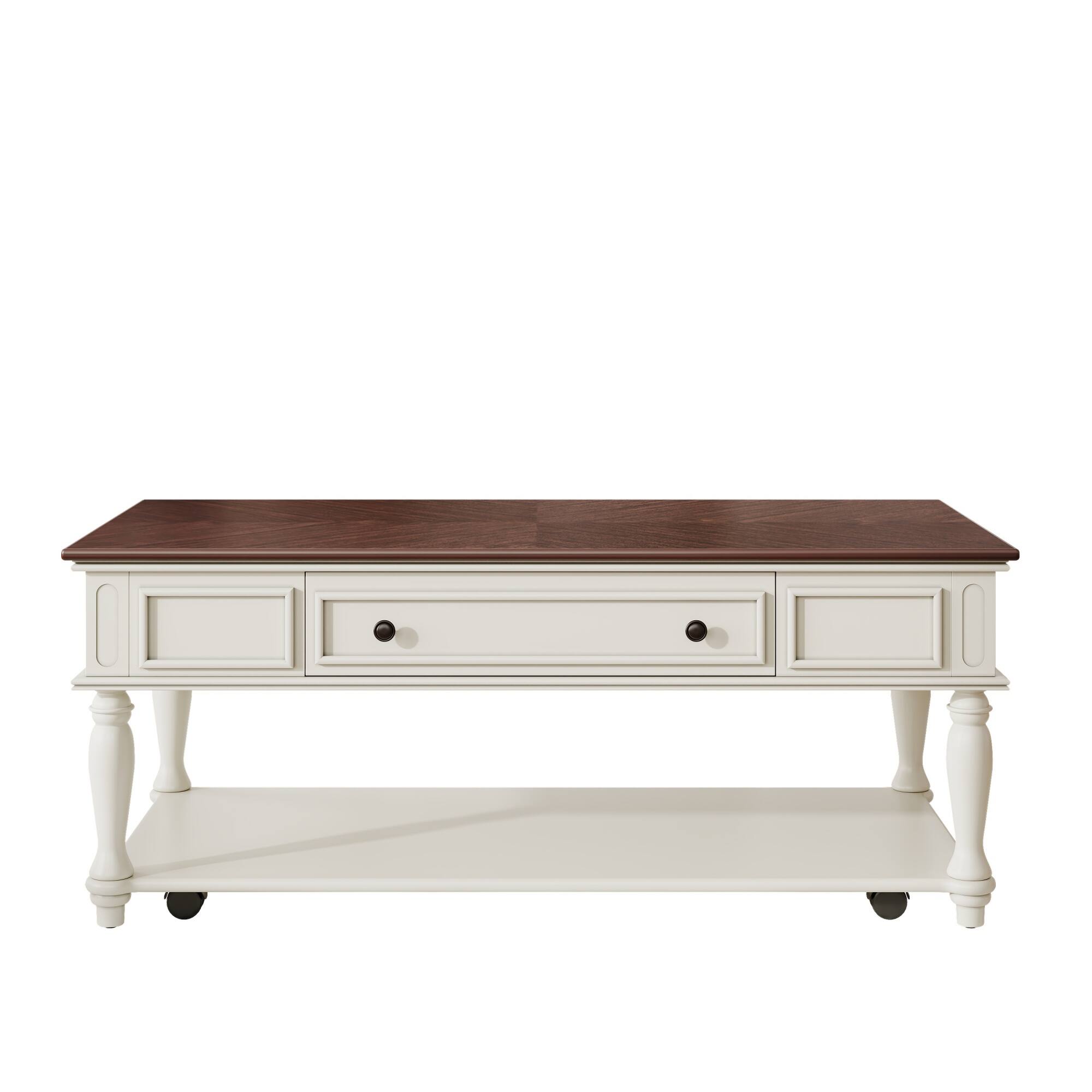 Alt View 4. Tiramisubest - Farmhouse Coffee Table with One Drawer,Retro Movable Rectangular Center Table with Lockable Wheels,Walnut+White - White+Walnut.
