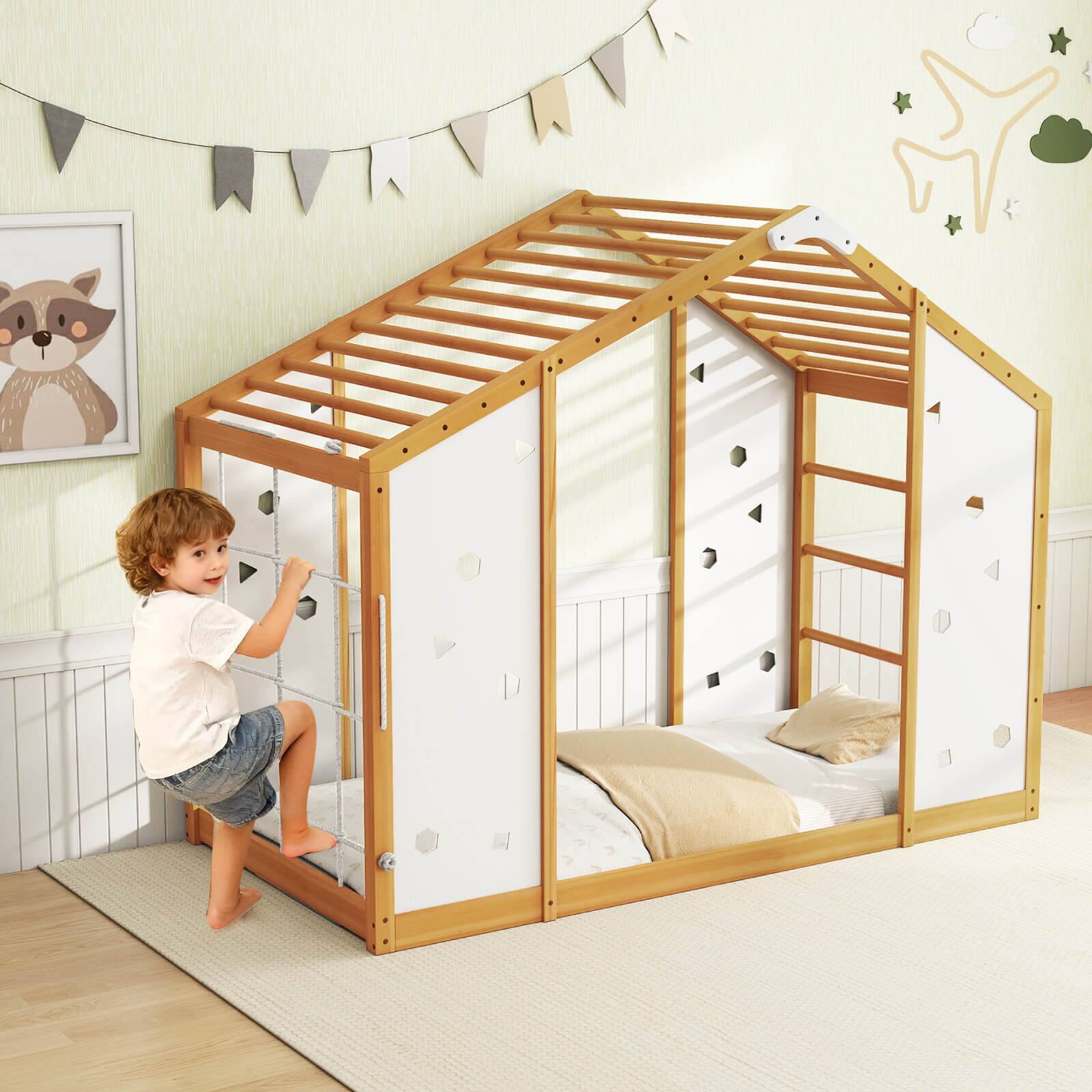 Alt View 3. Costway - Costway Twin Size Climbing Bed, 2-in-1 Montessori Floor Bed with Monkey Bars for Boys Girls - Beige.