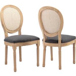Glintex - French Style Solid Wood Frame Antique Painting Linen Fabric Rattan Back Dining Chair,Set of 2 - Gray
