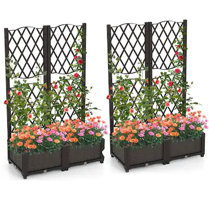 Front. Gymax - Gymax 2PCS Raised Garden Bed w/Trellis Planter Box for Climbing Plants 32'' x 16'' x 48'' - Brown.