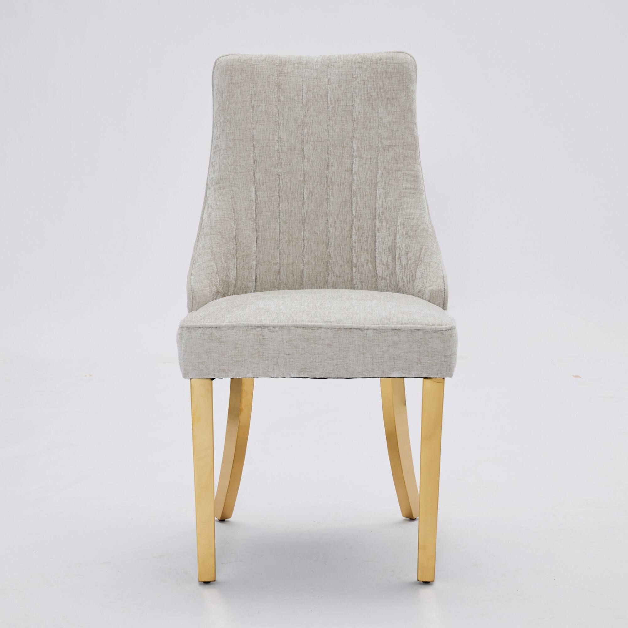 Angle. GOODSILO - Luxury Chenille Fabric Upholstered Dining Chairs with Golden Stainless Steel Legs, Set of 2 - Beige.
