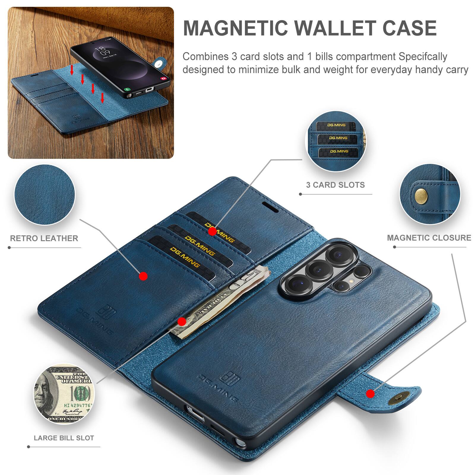 126 MAGNETIC WALLET CASE  
Combines 3 card slots and 1 bills compartment  
Specifically designed to minimize bulk and weight for everyday handy carry  

- RETRO LEATHER  
- 3 CARD SLOTS  
- MAGNETIC CLOSURE  
- LARGE BILL SLOT