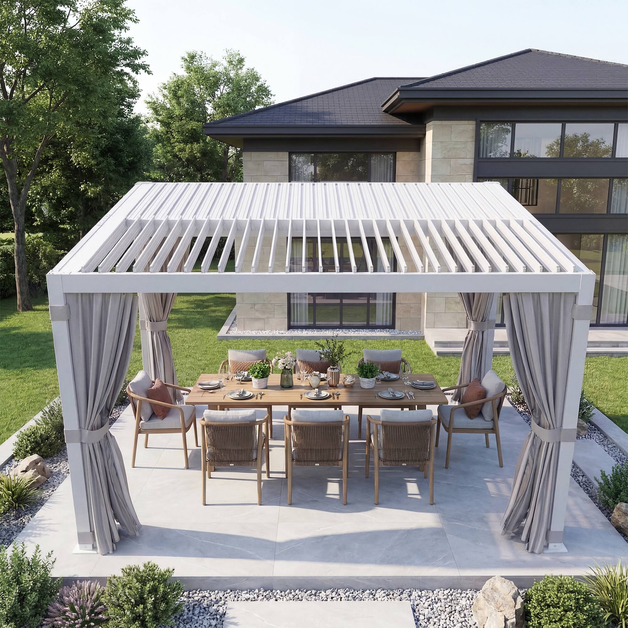 Angle. U-HOMY - 12x12 Aluminum Louvered Pergola with Adjustable Roof, Outdoor Patio Gazebo with Curtains for Backyard and Deck - White.
