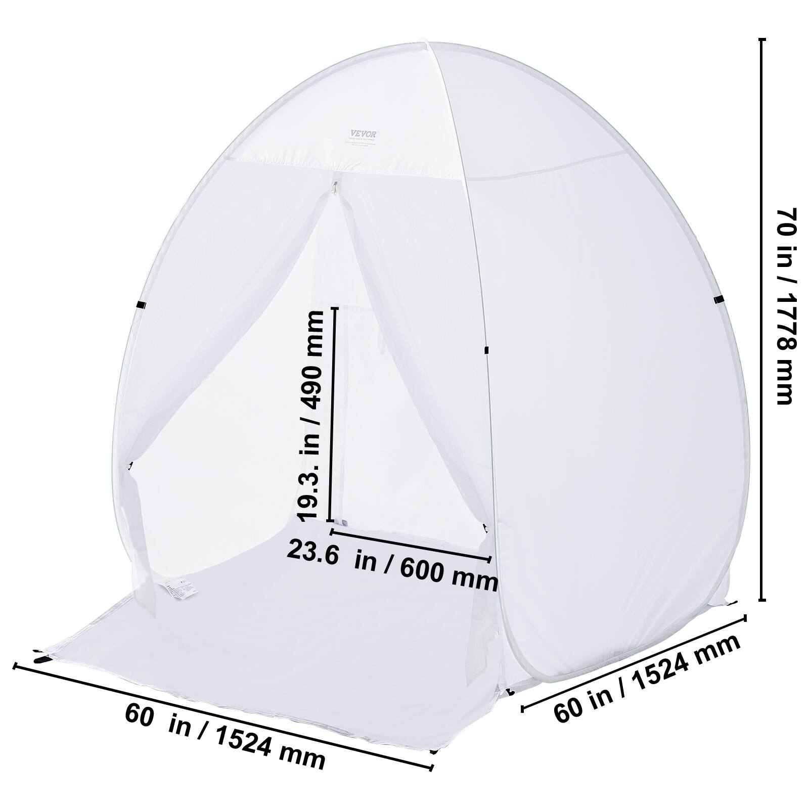 VEVOR

- Height: 70 in / 1778 mm
- Width: 60 in / 1524 mm
- Depth: 60 in / 1524 mm
- Height from base: 23.6 in / 600 mm
- Diameter: 490 mm / 19.3 in