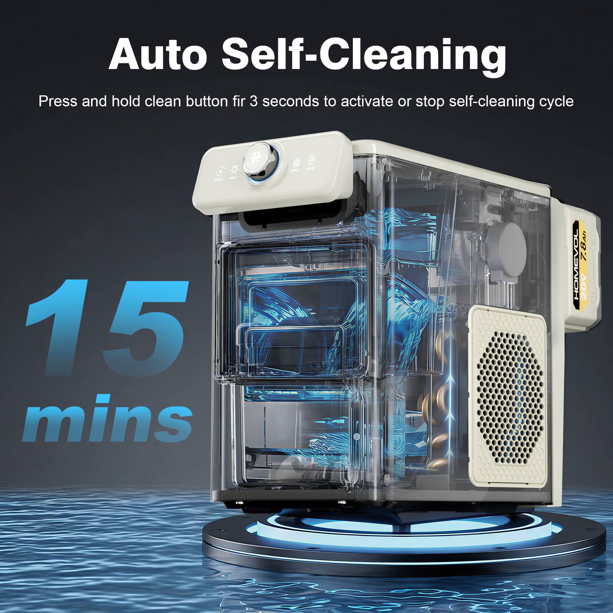 Auto Self-Cleaning  
Press and hold clean button for 3 seconds to activate or stop self-cleaning cycle  
15 mins  
F.6A HOMEVOL 20V