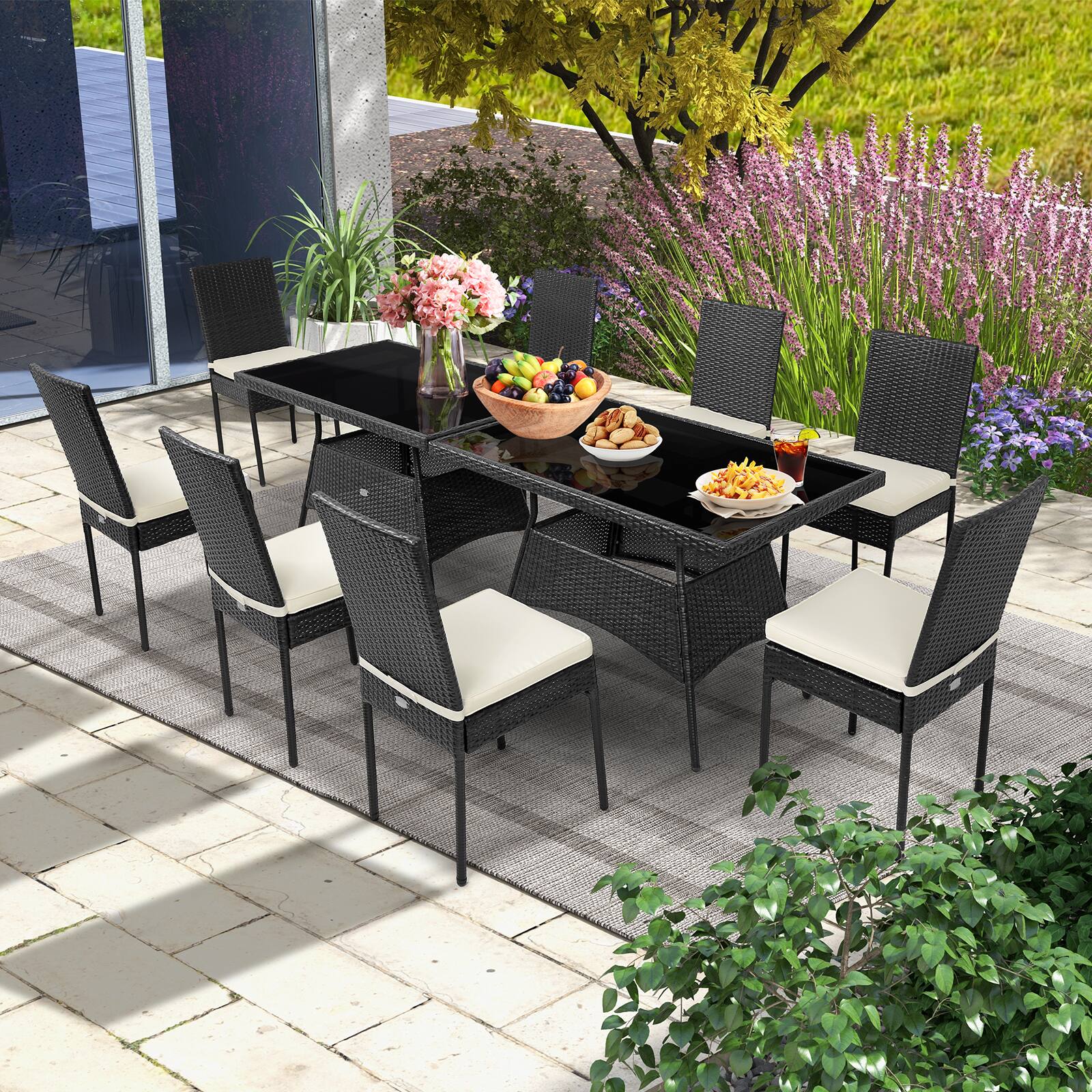 Alt View 6. Costway - Costway 10PCS Patio Rattan Dining Set Cushioned Chair Table with Glass Top Garden Furniture - Black.