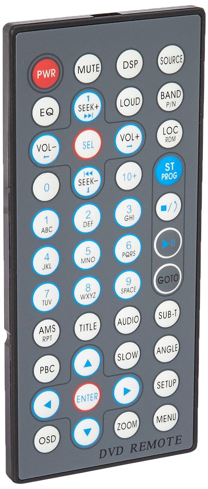PWR MUTE DSP SOURCE EQ SEEK+ LOUD VOL+ VOL- SEEK- 10+ SEL 0 1 ABC 2 DEF 3 GHI 4 JKL 5 MNO 6 PQRS 7 TUV 8 WXYZ 9 SPACE ST PROG BAND P/N LOC RDM AMS RPT PBC OSD GOTO SUB-T AUDIO TITLE SLOW SETUP ENTER MENU ZOOM DVD REMOTE