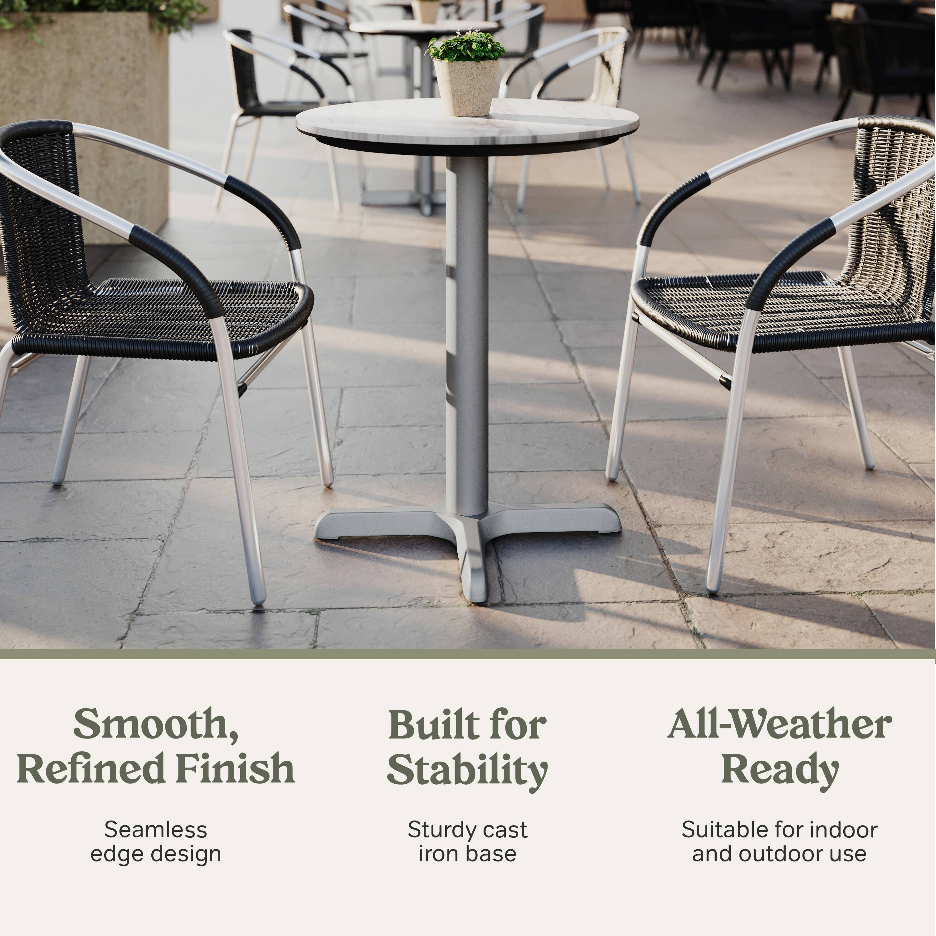 Smooth, Refined Finish  
Seamless edge design  

Built for Stability  
Sturdy cast iron base  

All-Weather Ready  
Suitable for indoor and outdoor use