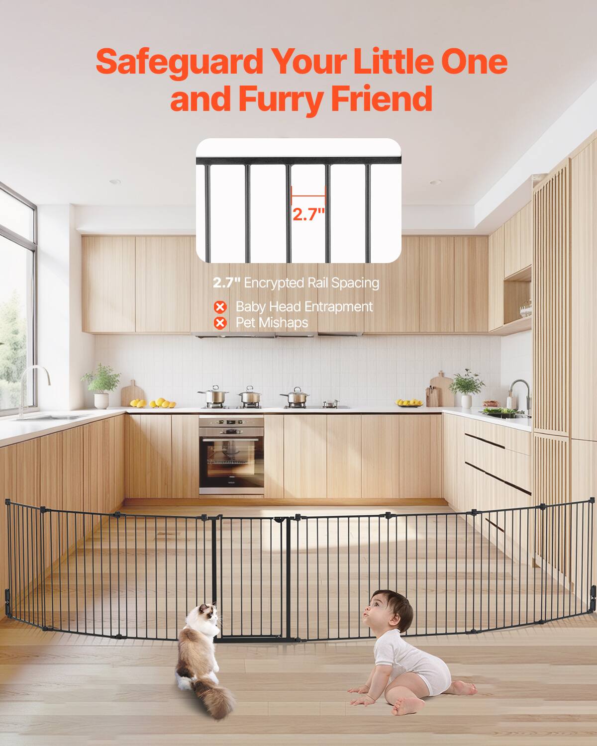 Safeguard Your Little One and Furry Friend

2.7" Encrypted Rail Spacing
- Baby Head Entrapment
- Pet Mishaps