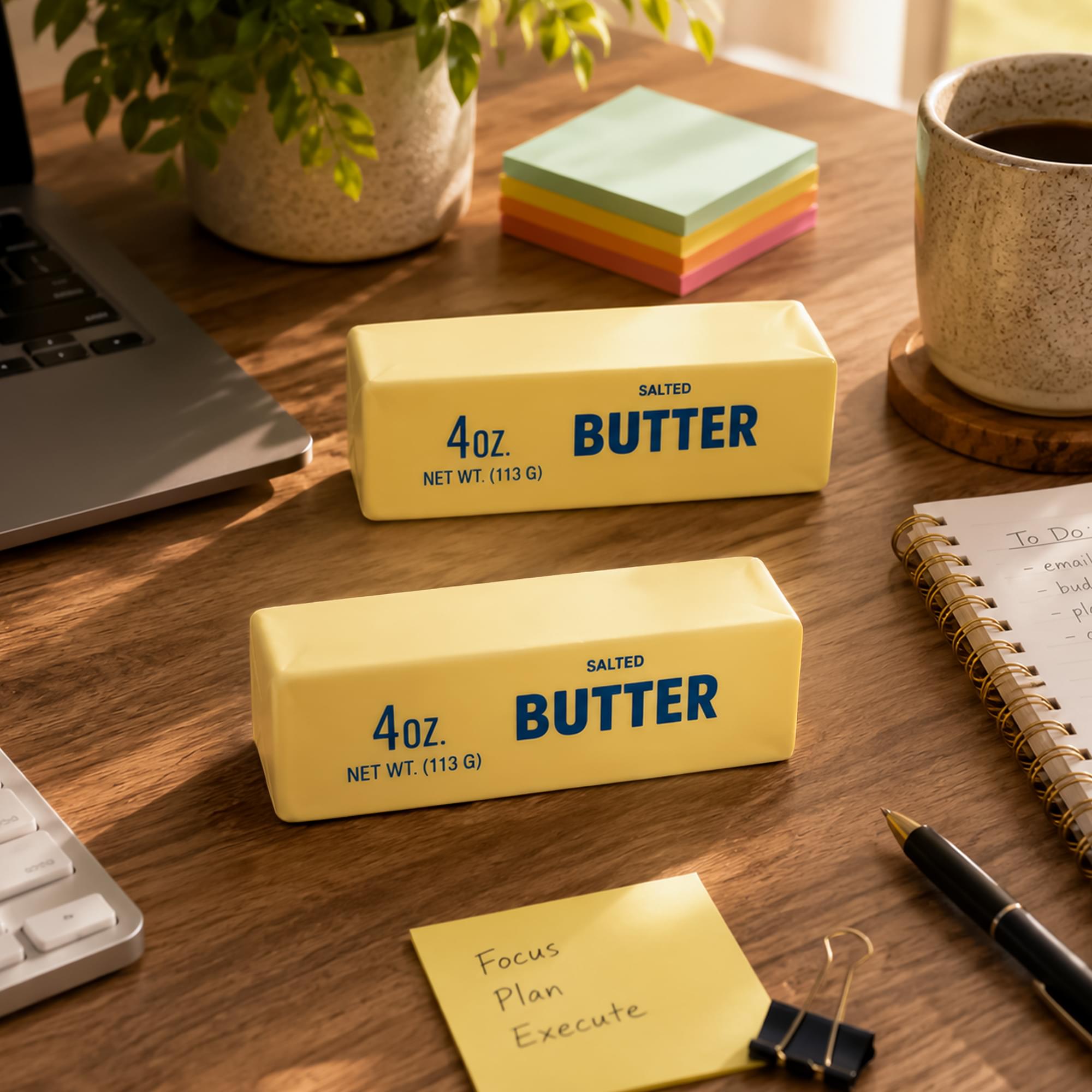 SALTED 4oz. BUTTER NET WT. (113 G)  
SALTED 4oz. BUTTER WT. (113 G) NET  
To Do  
- email  
- bud  
- pl  
- plan  
Focus  
Plan  
Execute
