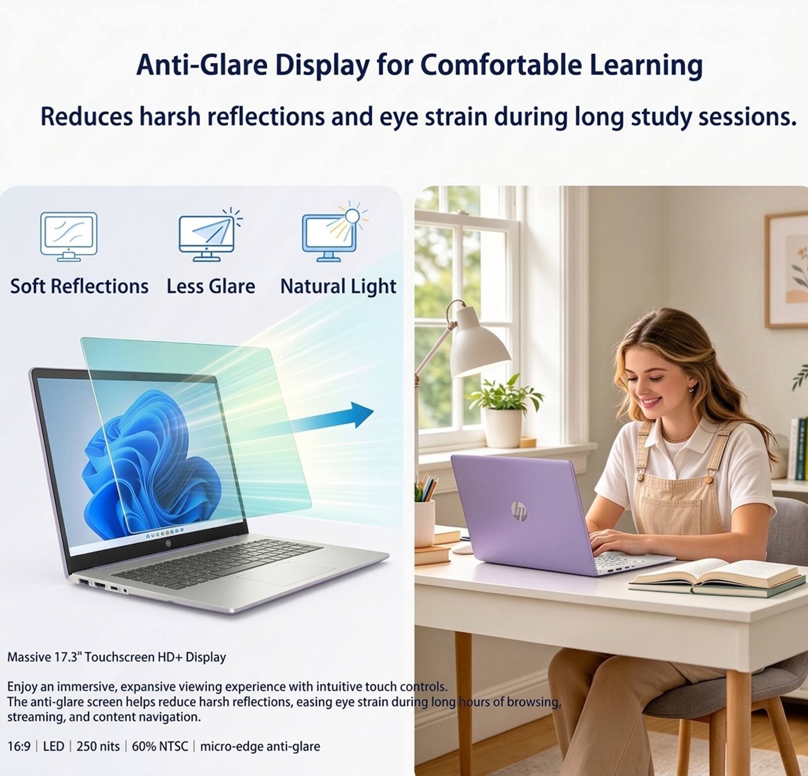 Anti-Glare Display for Comfortable Learning  
Reduces harsh reflections and eye strain during long study sessions.  

Soft Reflections Less Glare Natural Light  

Massive 17.3" Touchscreen HD+ Display  
Enjoy an immersive, expansive viewing experience with intuitive touch controls. The anti-glare screen helps reduce harsh reflections, easing eye strain during long hours of browsing, streaming, and content navigation.  

16:9 LED - 250 nits - 60% NTSC - micro-edge anti-glare