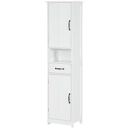 Front. Kleankin - Slim Bathroom Storage Cabinet, Tall Bathroom Cabinet, Linen Tower with Open Shelf, Drawer, Recessed Doors - White.