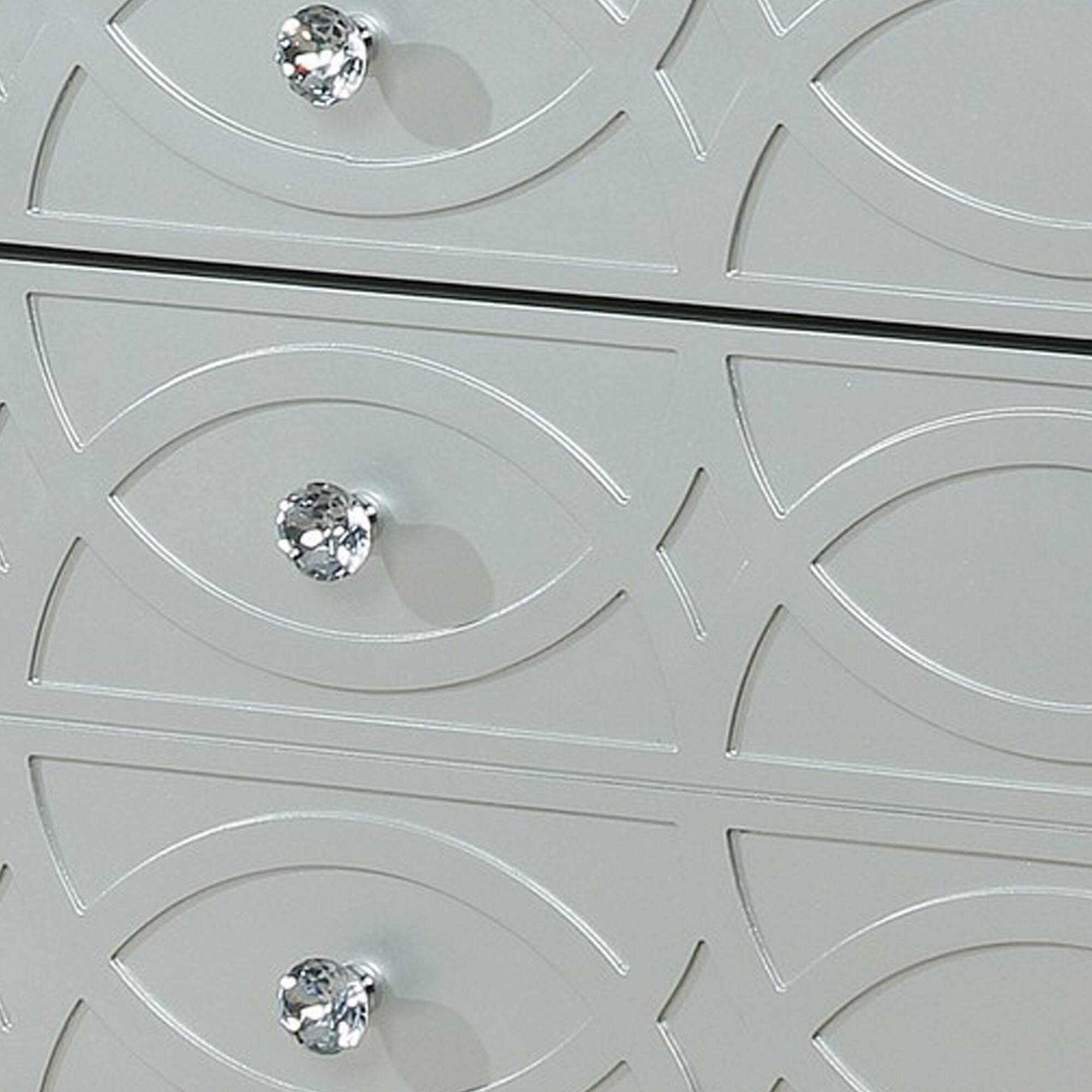 Left. Manhattan Lane - Gina 29 Inch Modern Glam Nightstand, Round Crystal Knobs, USB Ports - Silver.