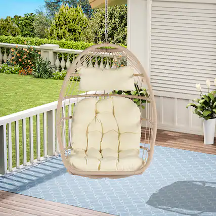 Front. APRILSOUL - Outdoor Garden Rattan Egg Swing Chair Hanging Chair Wood Khaki - Brown.