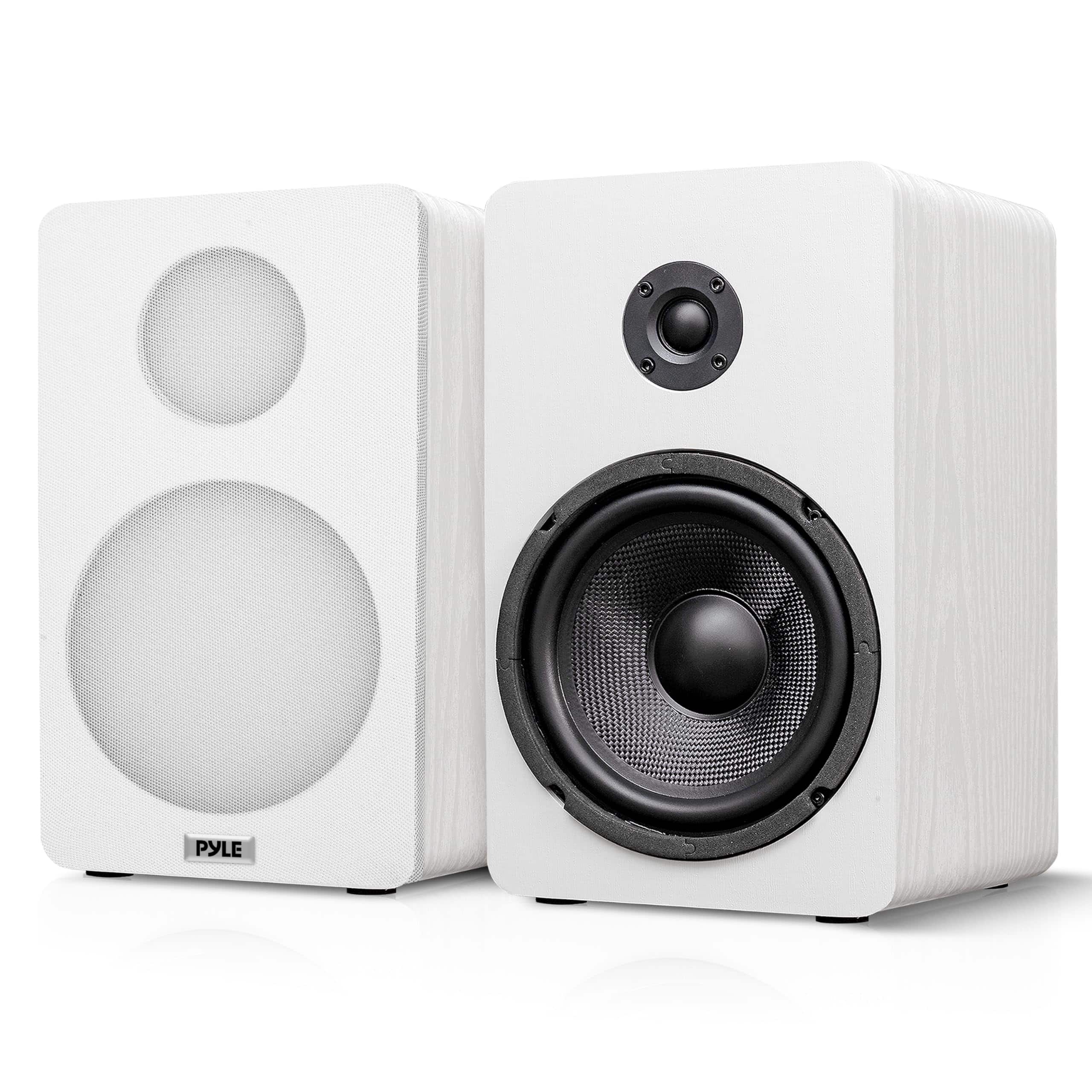 Pyle - 6.5” 2-Way HiFi Home Theater Wired Bookshelf Speakers - FiberGlass Cone with Wall Mount Brackets (White)