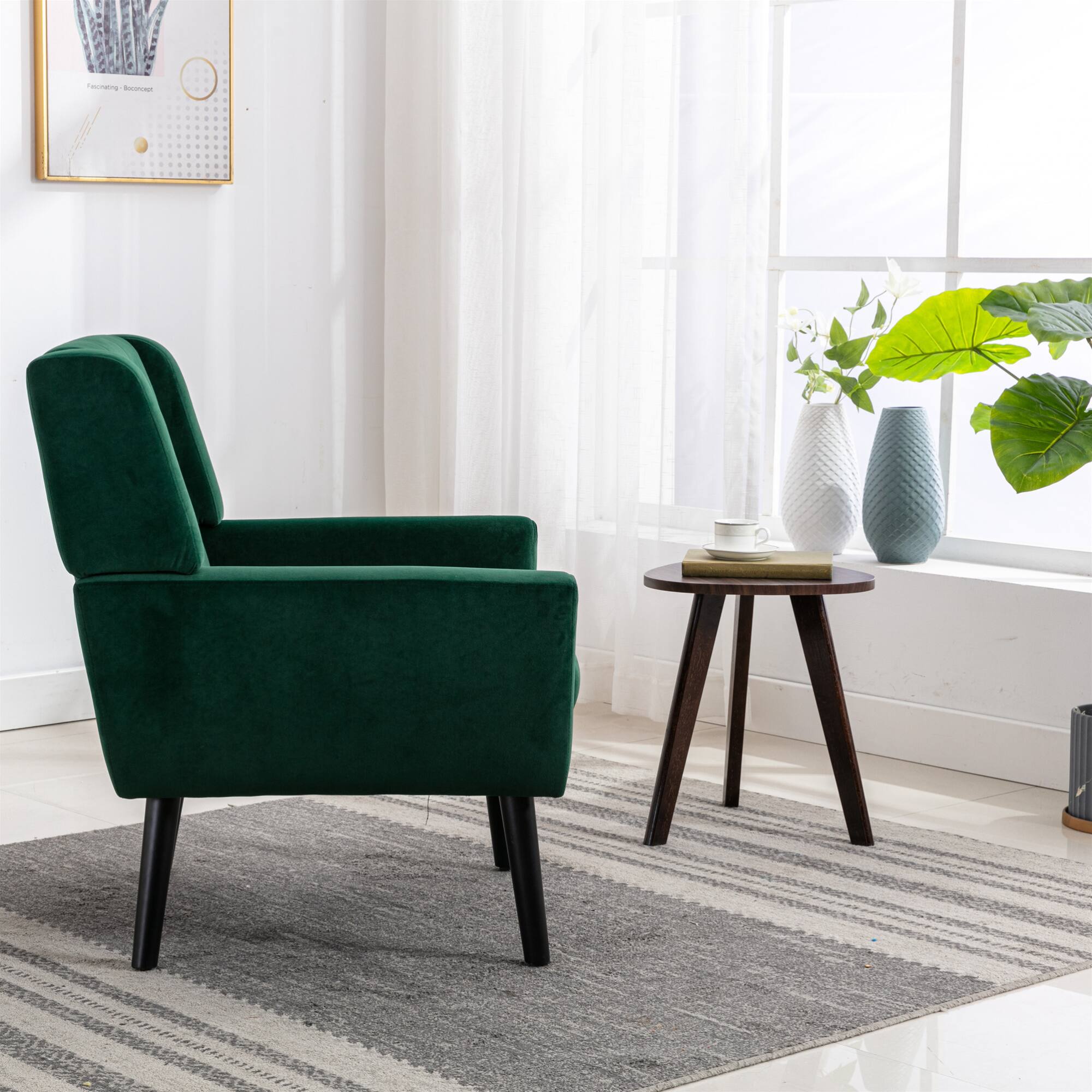 Back. GOODSILO - Luxury Velvet Upholstered Accent Chair with Ergonomic Design for Living Room and Bedroom Comfort - Retro Green.