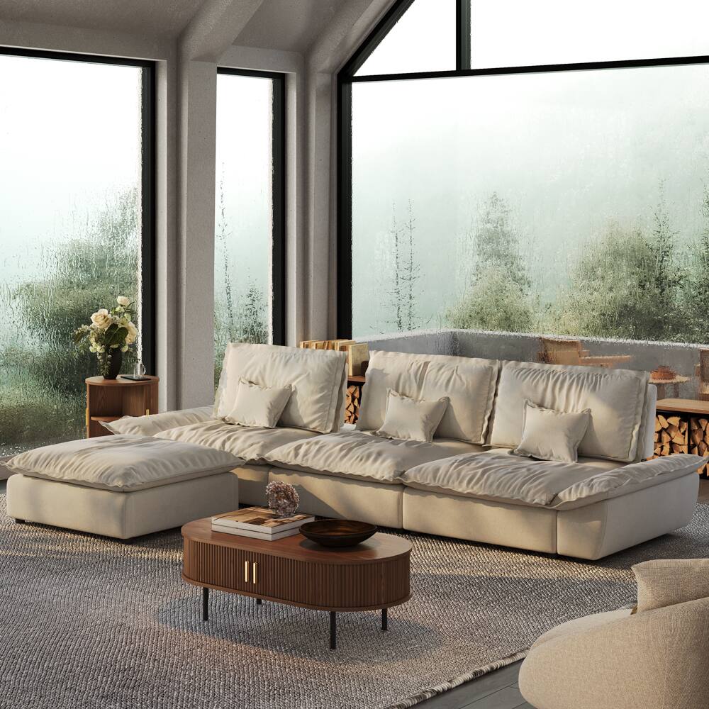 Left. POVISON - 141.73" Sailboat Deep Sofa Stain Resistant Cozy Couch with Ottoman - Beige Suede Fabric.