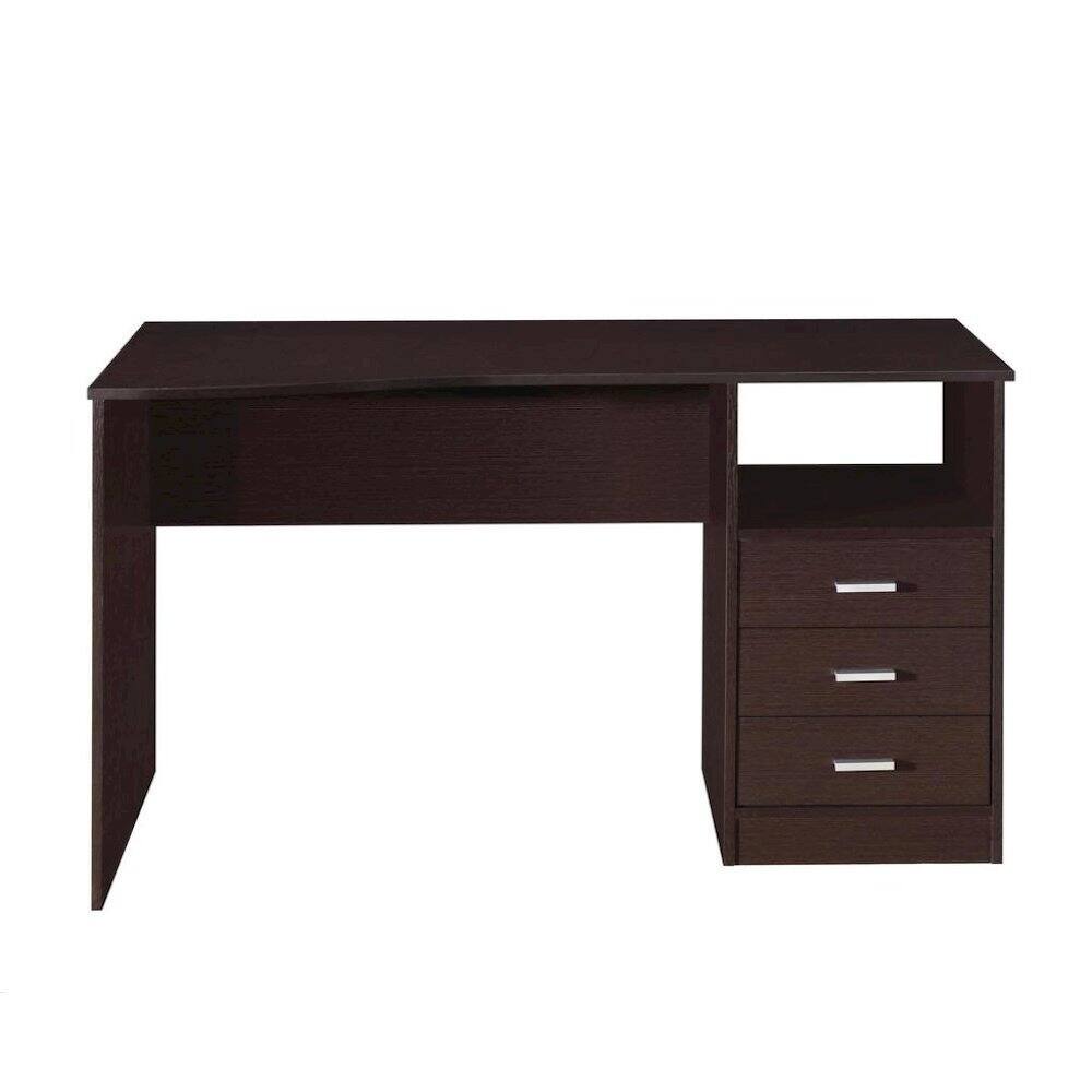 Left. FurniFact - Brown Wood Desk With 3 Storage Drawers And Shelf - Brown.