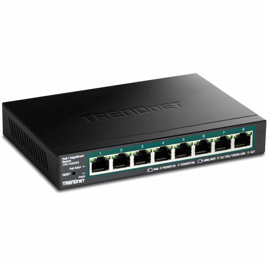 TRENDNET 8 7 6 5 4 3 2 1 LNK PoE+ Edgemart 10/100/1000M Switch Jat LINK/ACT: TPE-TG82ES POWERTA FAI POWER OK PoE MAX Pal: RESET PWR TRENDNET ACT