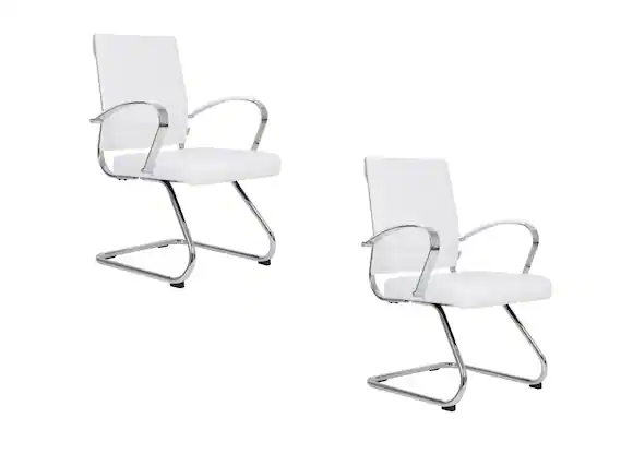 Front. LeisureMod - Set of 2 Benmar Ribbed Leather Upholstered Office Chair with Chrome Arms and Sled Base Desk Seating for Home or Office - White.