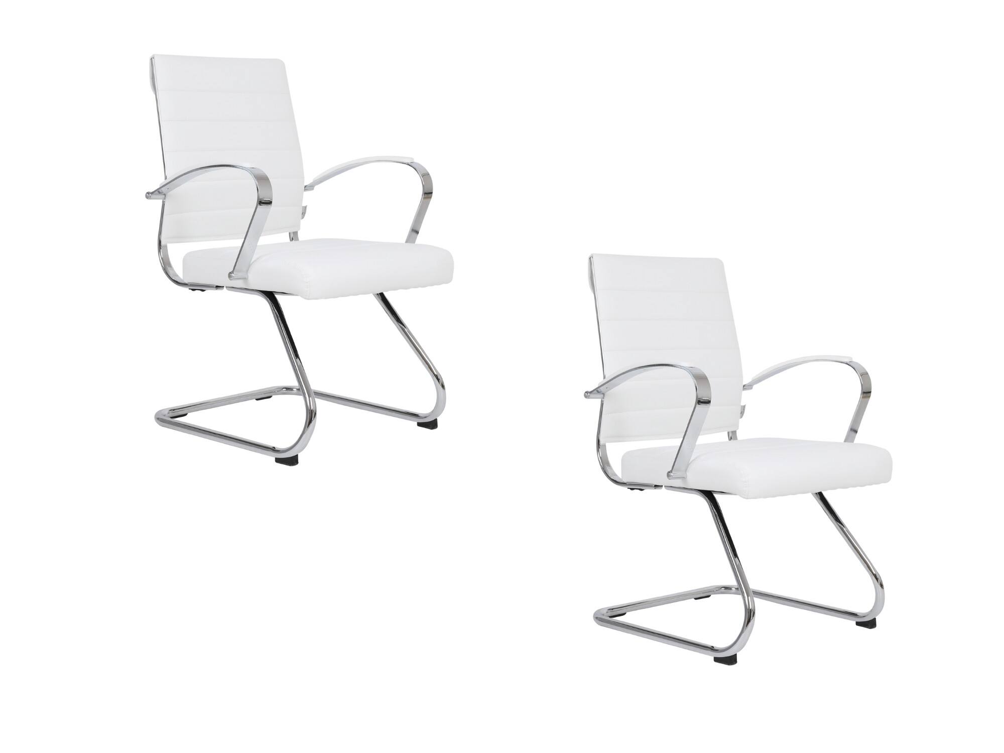 Front. LeisureMod - Set of 2 Benmar Ribbed Leather Upholstered Office Chair with Chrome Arms and Sled Base Desk Seating for Home or Office - White.