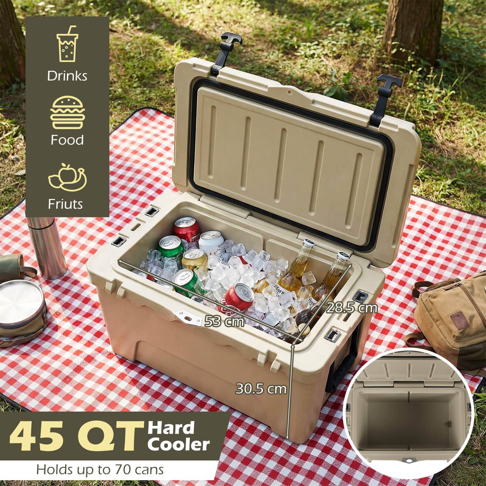 Drinks  
Food  
Fruits  

45 QT Hard Cooler  
Holds up to 70 cans  

Dimensions:  
- 53 cm  
- 30.5 cm  
- 28.5 cm