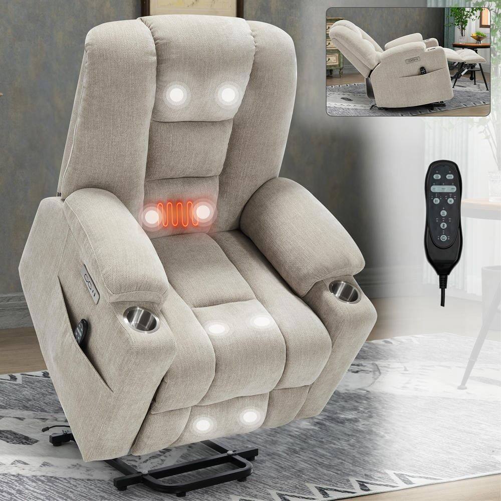 Alt View 8. Kadyn - Power Lift Recliner Chair, Massage & Heat, Dual USB Ports, Cup Holders, 155° Recline, Beige - Beige.