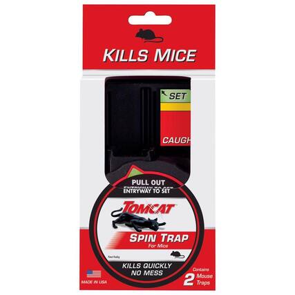 Kills Mice
Set Catch Pull Out Entryway to Set
Tomcat Spin Trap for Mice
Kills Quickly No Mess
Made in USA
Contains 2 Mouse Traps