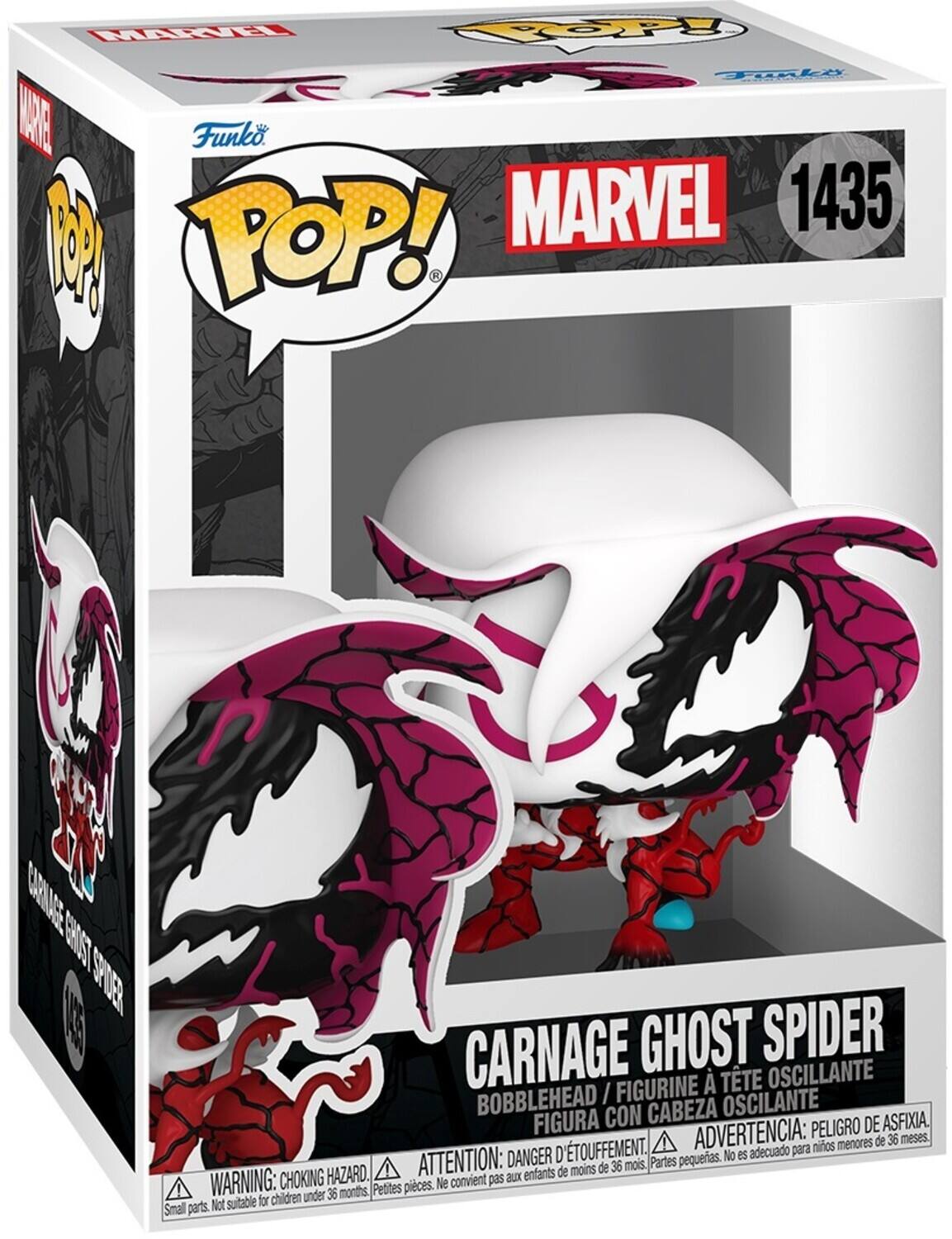MARVEL 1435 M POP! R CARNAGE GHOST SPIDER FIGURINE TTE OSCILANTE BOBBLEHEAD I/ OSCILANTE FIGURA CON CABEZA DE ASFIXIA. ADVERTENCIA: PELIGRO DE ASFIXIA. ATTENTION: DANGER D'ETOUFFEMENT. WARNING: CHOKING HAZARD. Partes pequetas. No es adecuado para niños menores de 36 meses. Pedites pequeñas. No conviente pasa aux enfants. Small parts. Not suitable for children under 36 months.