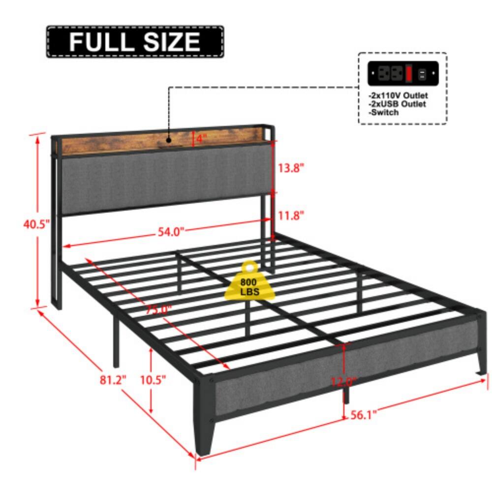 FULL SIZE  
- 2x110V Outlet  
- 2xUSB Outlet  
- Switch  

Dimensions:  
- 40.5"  
- 54.0"  
- 11.8"  
- 13.8"  
- 81.2"  
- 10.5"  
- 12.0"  
- 56.1"  

Weight Capacity: 800 LBS