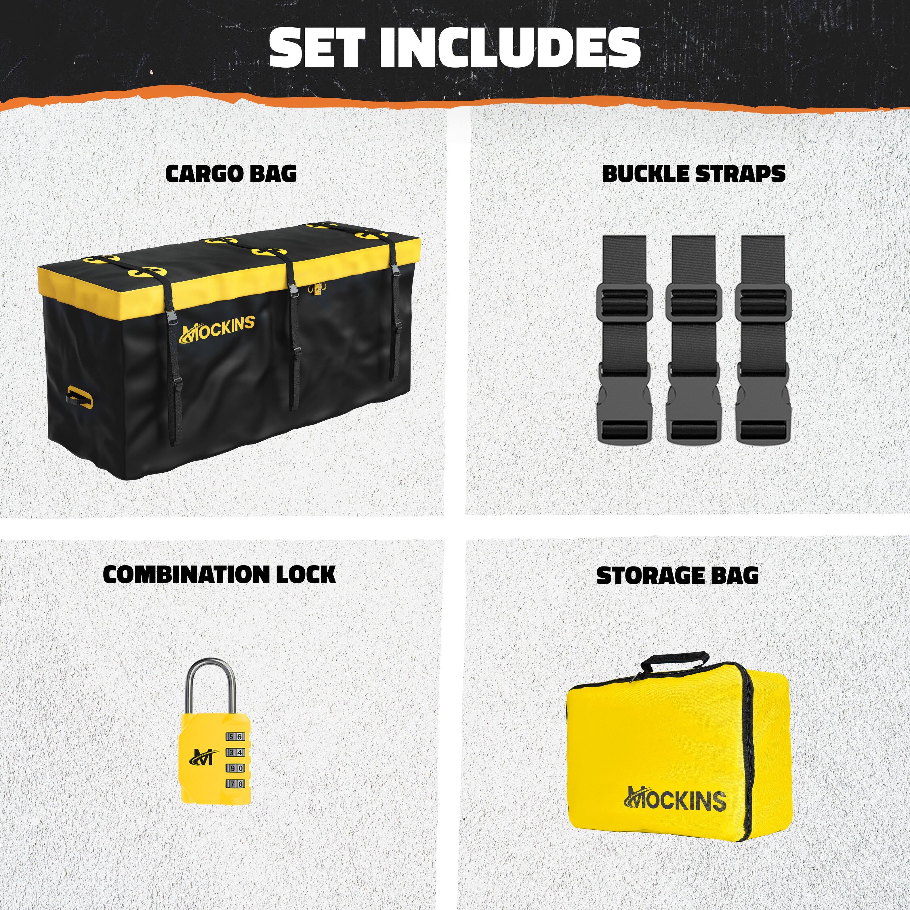 SET INCLUDES CARGO BAG BUCKLE STRAPS COMBINATION LOCK STORAGE BAG