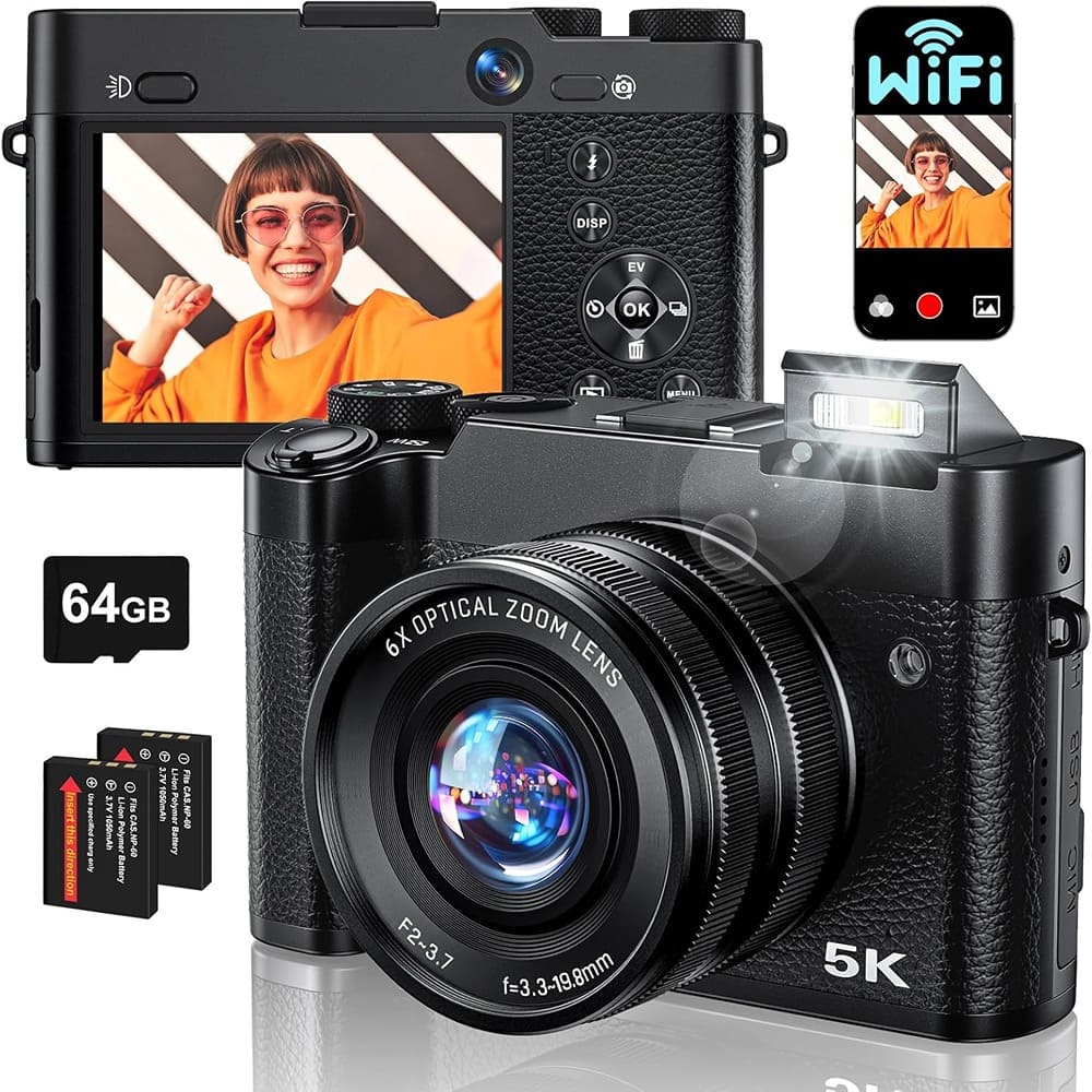 ACJPR - 6X Zoom Digital Camera, 64MP, 5K 30FPS, WiFi, Autofocus, 64GB Card