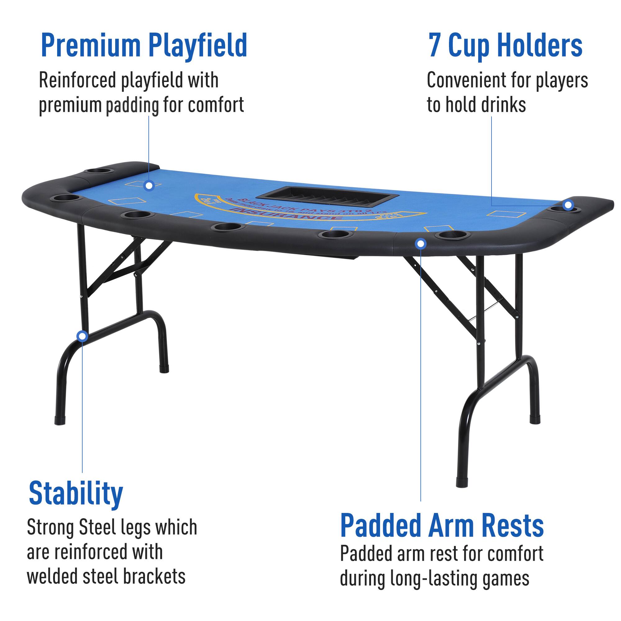 Premium Playfield  
Reinforced playfield with premium padding for comfort  

7 Cup Holders  
Convenient for players to hold drinks  

Stability  
Strong Steel legs which are reinforced with welded steel brackets  

Padded Arm Rests  
Padded arm rest for comfort during long-lasting games
