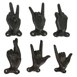 Zeckos - Set of 6 Hand Gesture Hooks - Peace, Rock, ASL - Rustic Finish - Black