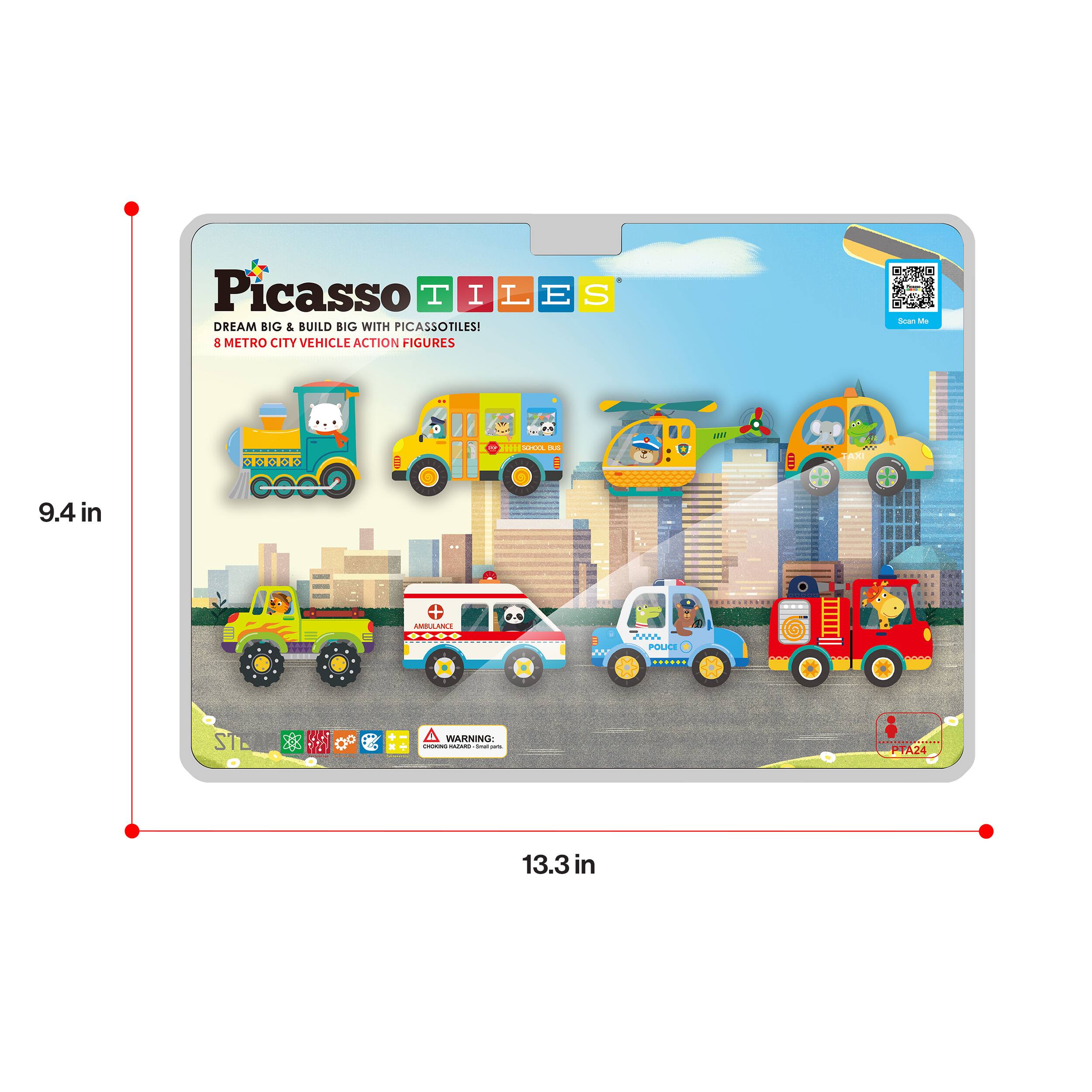 Picasso Tiles  
DREAM BIG & BUILD BIG WITH PICASSOTILES!  
8 METRO CITY VEHICLE ACTION FIGURES  

9.4 in  
13.3 in
