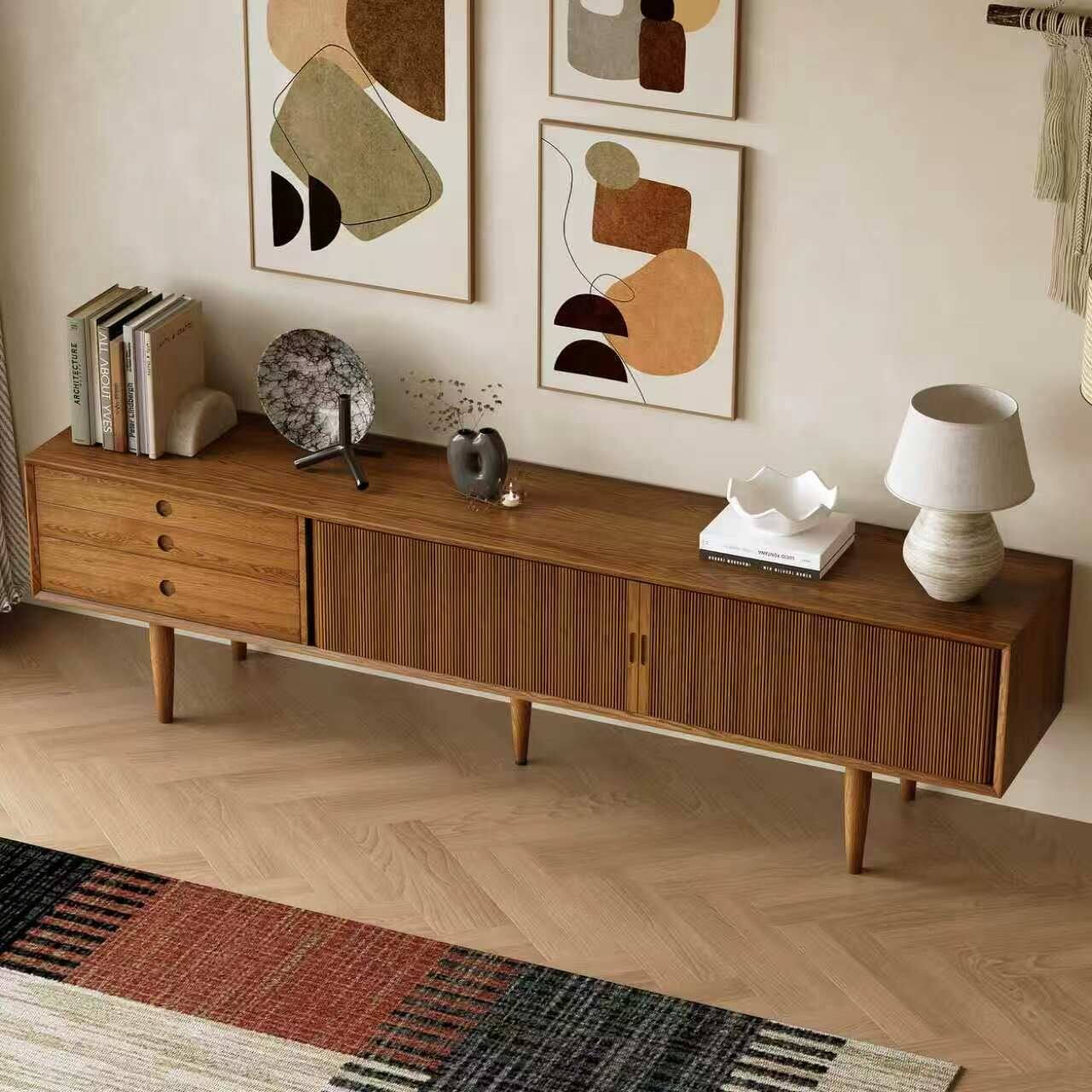 Alt View 2. luck idea - Mid‑Century Modern Wood TV Stand, 86.61" Media Console with 3 Drawers & Fluted Cabinet Doors for Living Room - brown.