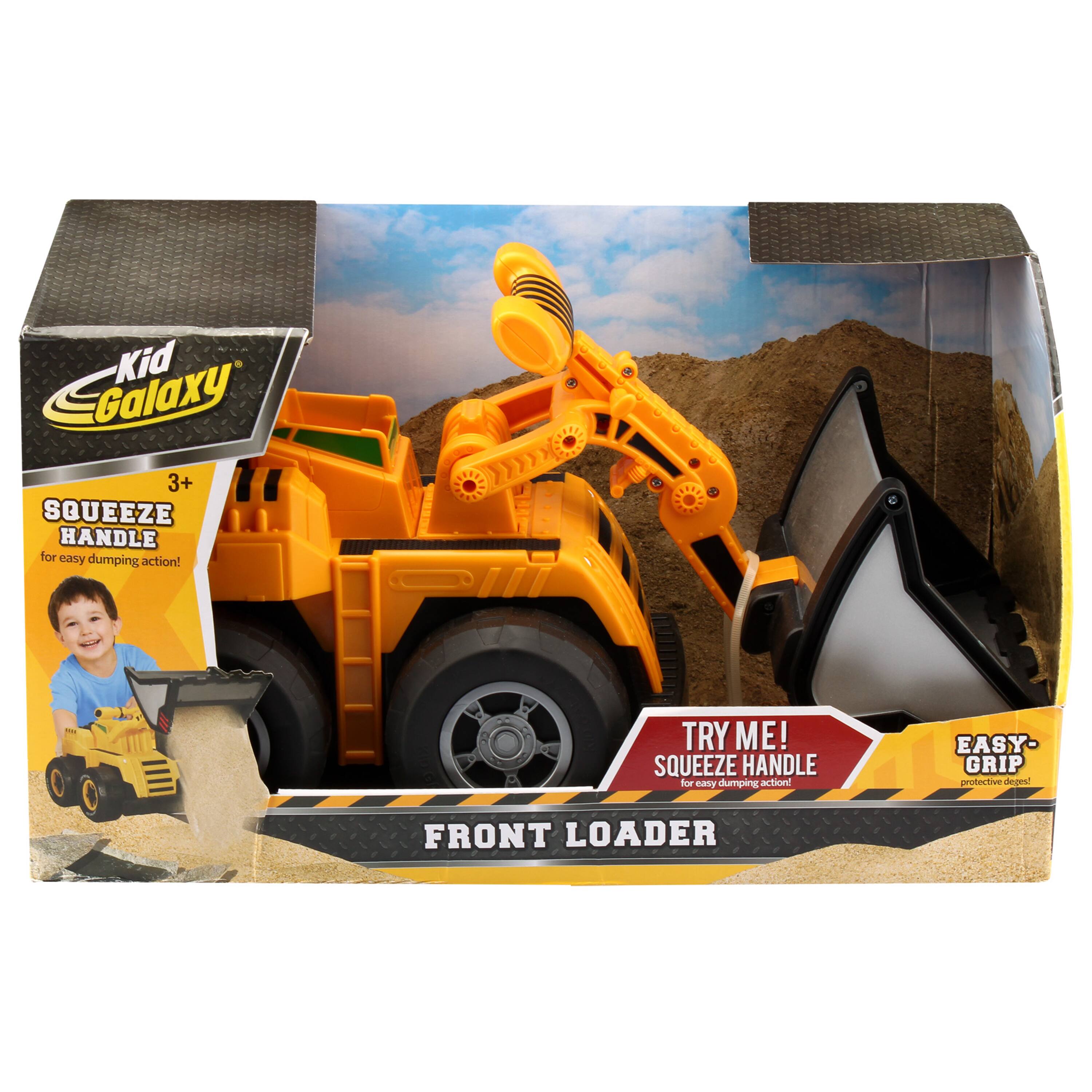- Kid Galaxy 3+ SQUEEZE HANDLE for easy dumping action! TRY ME! SQUEEZE HANDLE for easy dumping action! EASY-GRIP protective design! FRONT LOADER