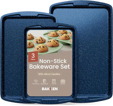 3 Piece Non-Stick Bakeware Set With silicon handles PFOA PFOS Free Dishwasher Safe Oven Safe Stackable BAKKEN