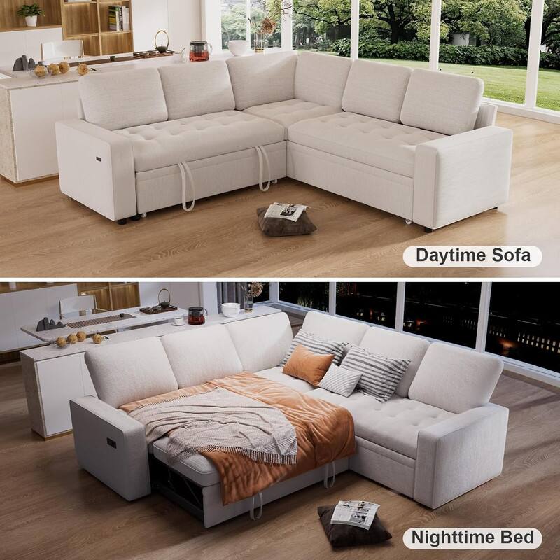 The text on the image can be grouped and corrected as follows:
- **Daytime Sofa**
- **Nighttime Bed**
This indicates that the sofa can be converted into a bed for nighttime use.