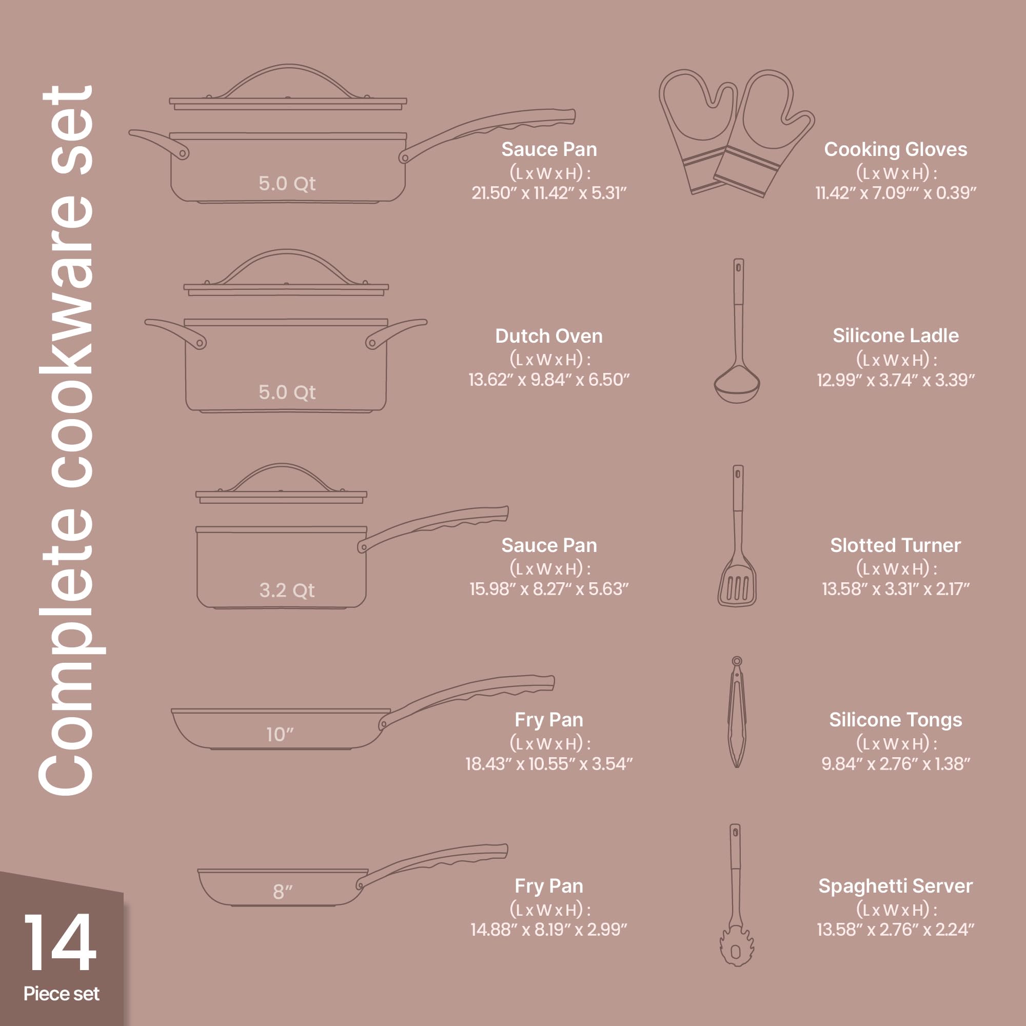 Complete cookware set  
14 Piece set  

- 5.0 Qt Sauce Pan (LxWxH): 21.50" x 11.42" x 5.31"  
- 5.0 Qt Dutch Oven (LxWxH): 13.62" x 9.84" x 6.50"  
- 3.2 Qt Sauce Pan (LxWxH): 15.98" x 8.27" x 5.63"  
- 10" Fry Pan (LxWxH): 18.43" x 10.55" x 3.54"  
- 8" Fry Pan (LxWxH): 14.88" x 8.19" x 2.99"  
- Cooking Gloves (LxWxH): 11.42" x 7.09" x 0.39"  
- Silicone Ladle (LxWxH): 12.99" x 3.74" x 3.3