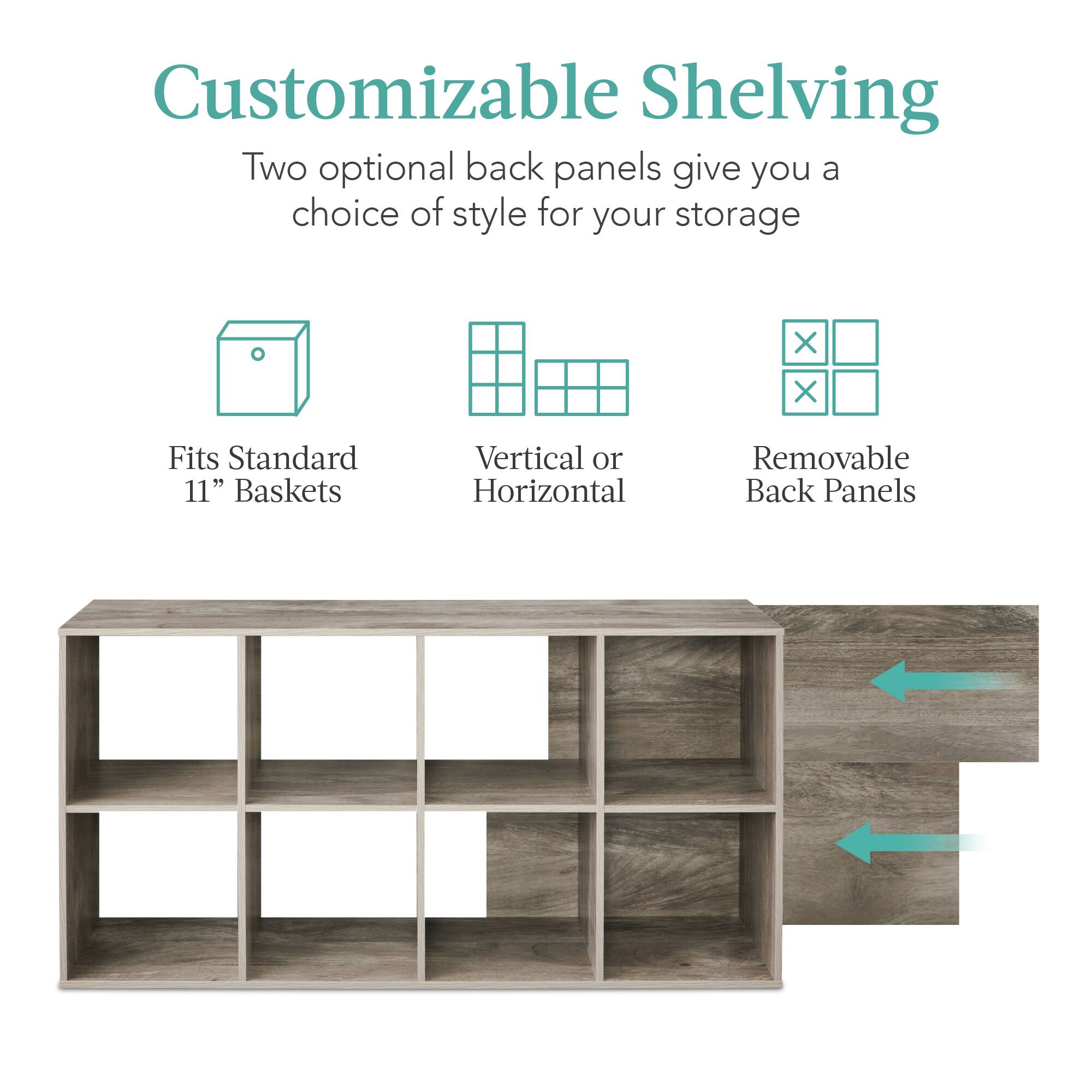 Customizable Shelving

Two optional back panels give you a choice of style for your storage.

- Fits Standard 11" Baskets
- Vertical or Horizontal
- Removable Back Panels