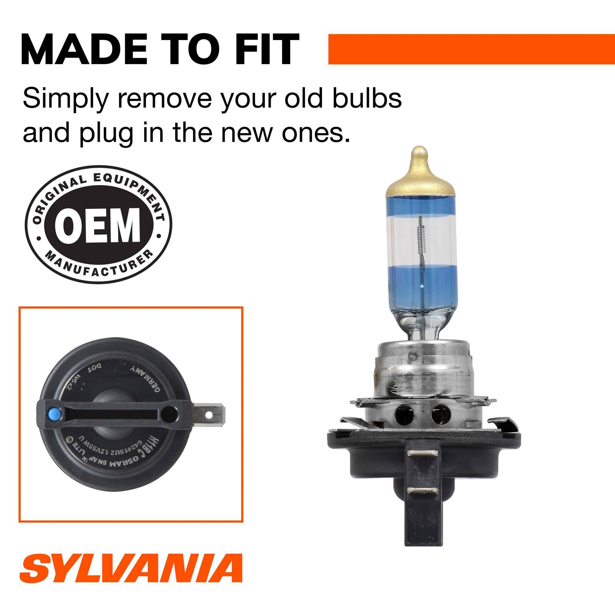 MADE TO FIT  
Simply remove your old bulbs and plug in the new ones.  

ORIGINAL EQUIPMENT MANUFACTURER  

DOT W6x2 GERMANY  
LITE 12V55W SNAP OSRAM G4241SU2 H11BC  
SYLVANIA