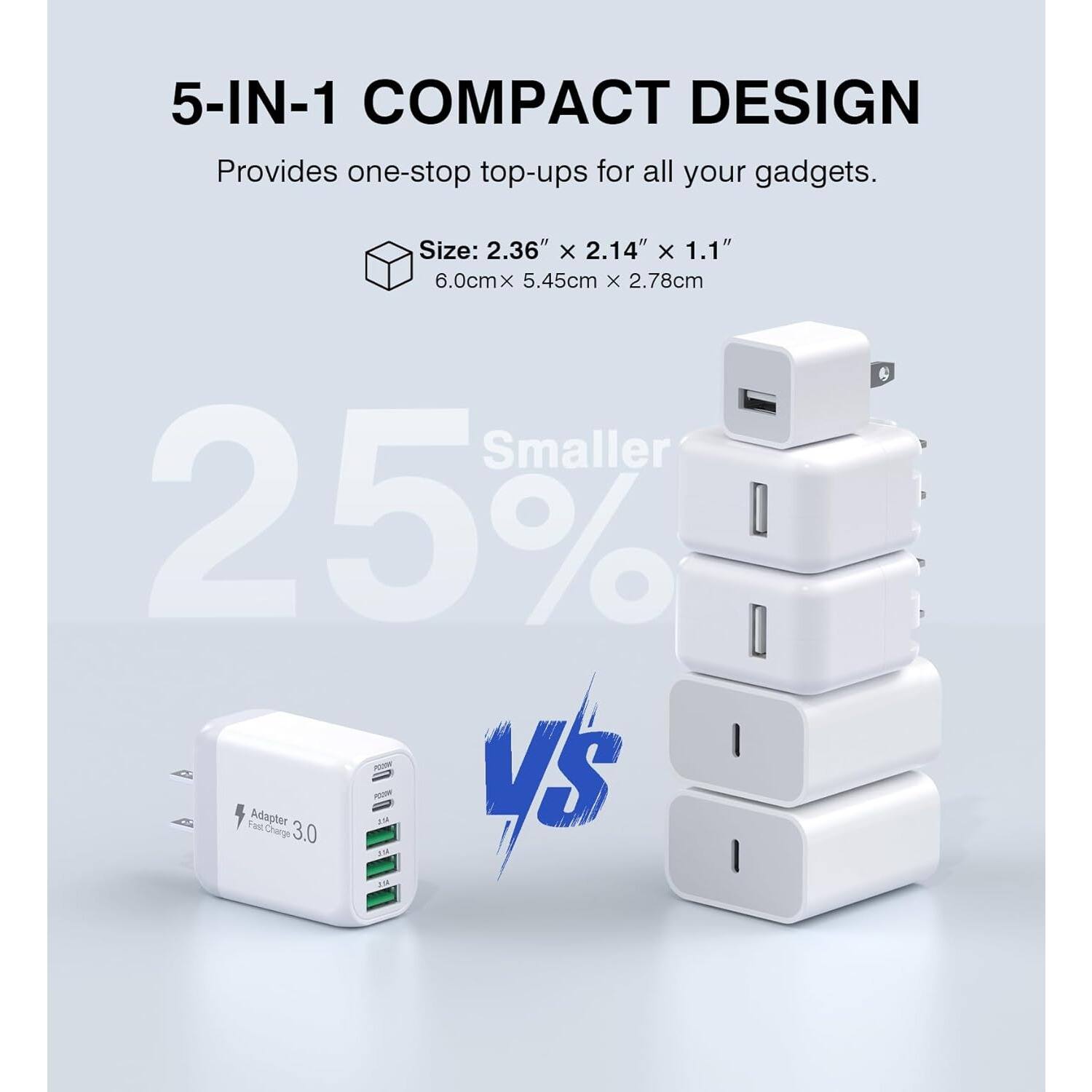 5-IN-1 COMPACT DESIGN  
Provides one-stop top-ups for all your gadgets.  

Size: 2.36" x 2.14" x 1.1"  
6.0cm x 5.45cm x 2.78cm  

25% Smaller  

Adapter 3.0  
Fast Charger