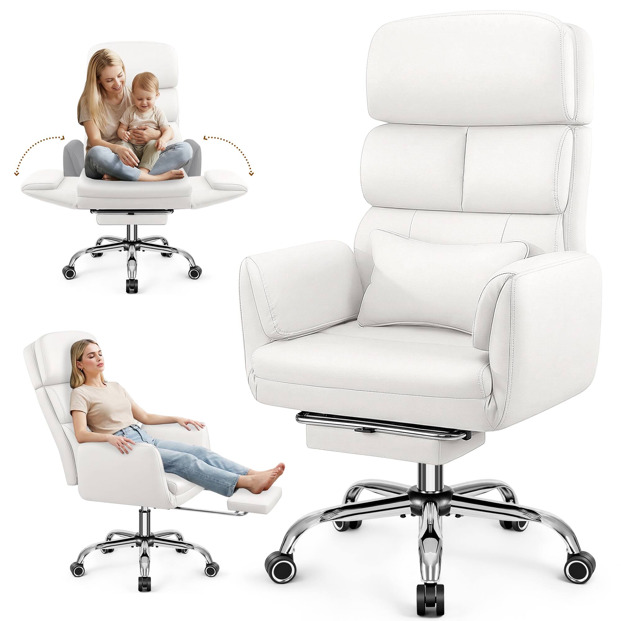 Alt View 5. KERDOM - Big Tall Office Chair with Reversible Arm, PU Leather Executive Manager Boss Chair with Lifting Headrest & Lumbar Pillow - White.